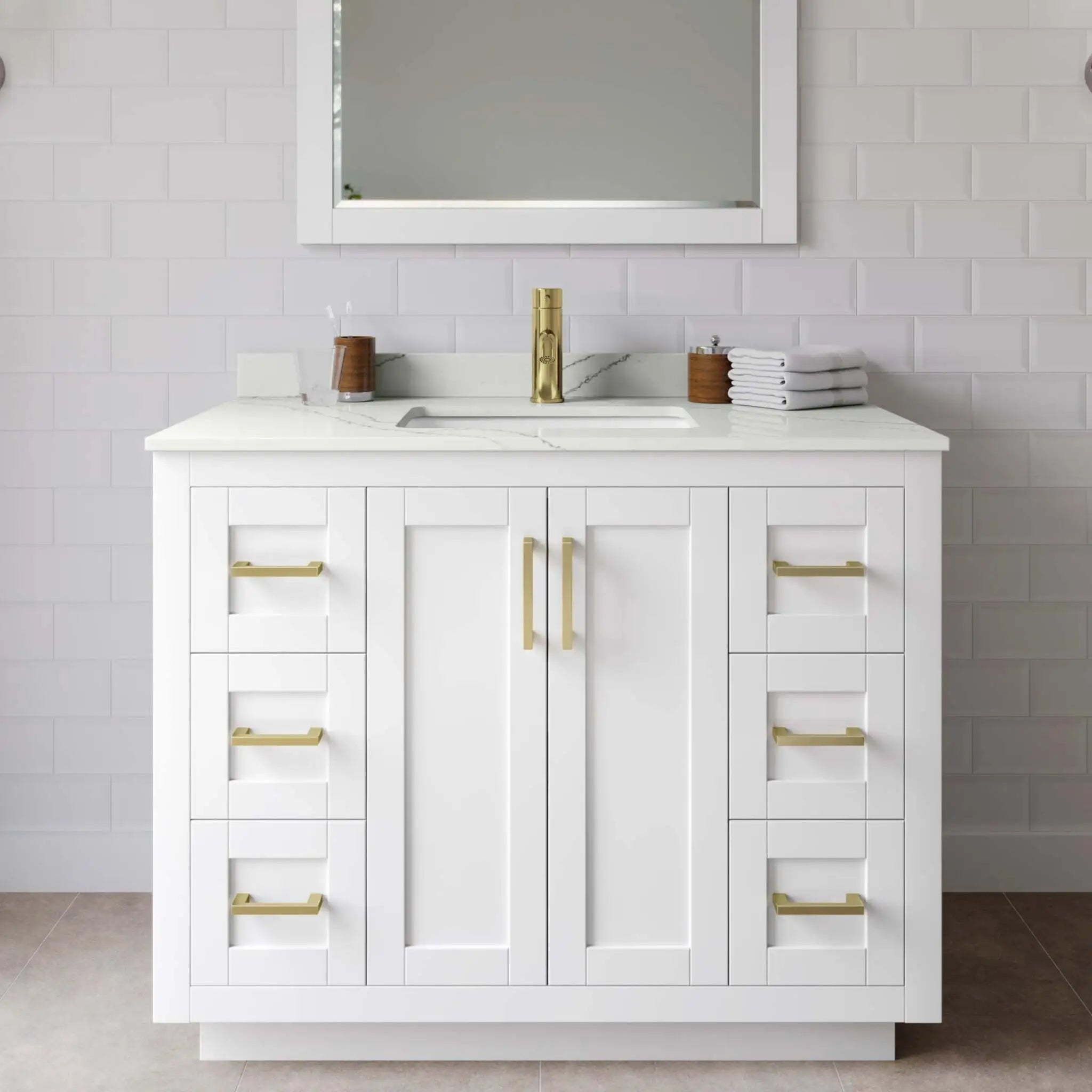42" Miranda Single Bathroom Vanity in White with Brushed Gold Trim by Wyndham