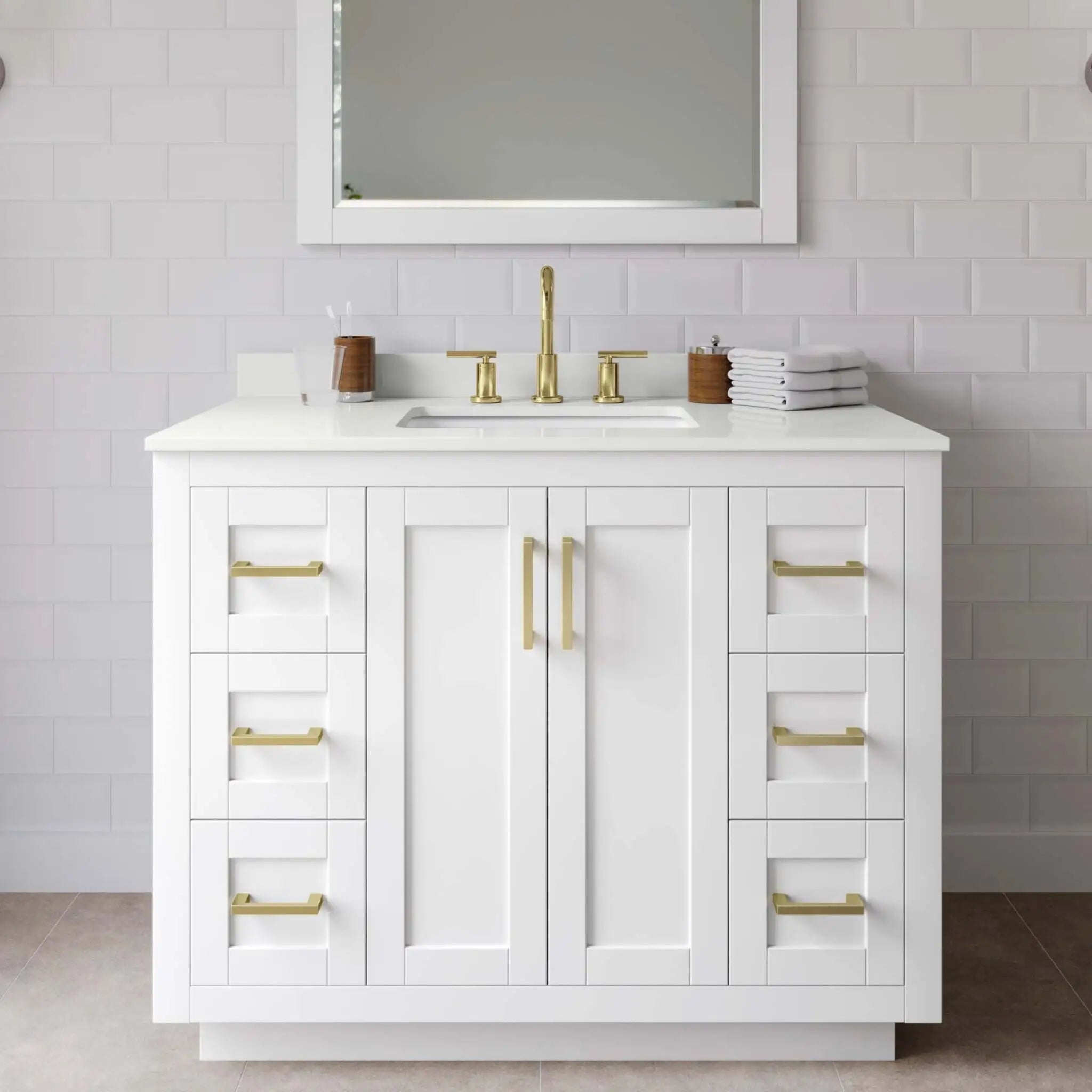 42" Miranda Single Bathroom Vanity in White with Brushed Gold Trim by Wyndham