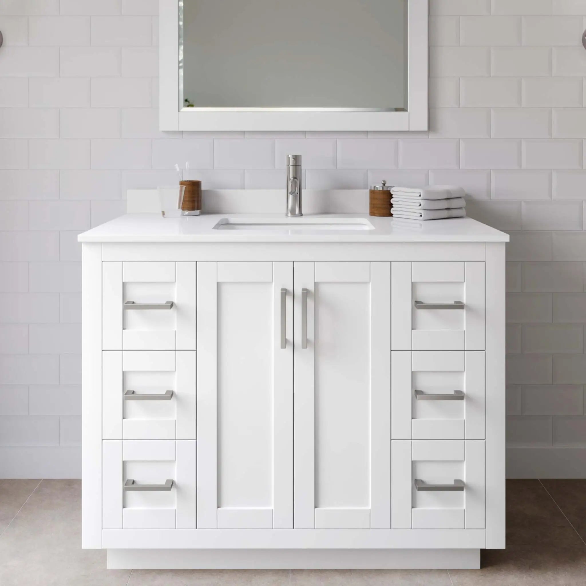 42" Miranda Single Bathroom Vanity in White with Brushed Nickel Trim & 34" Mirror by Wyndham