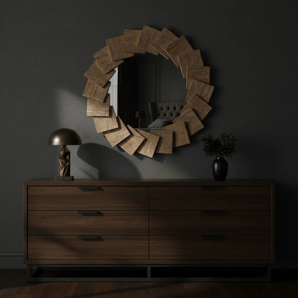 Wooden dresser with decorative mirror and lamp against a dark wall