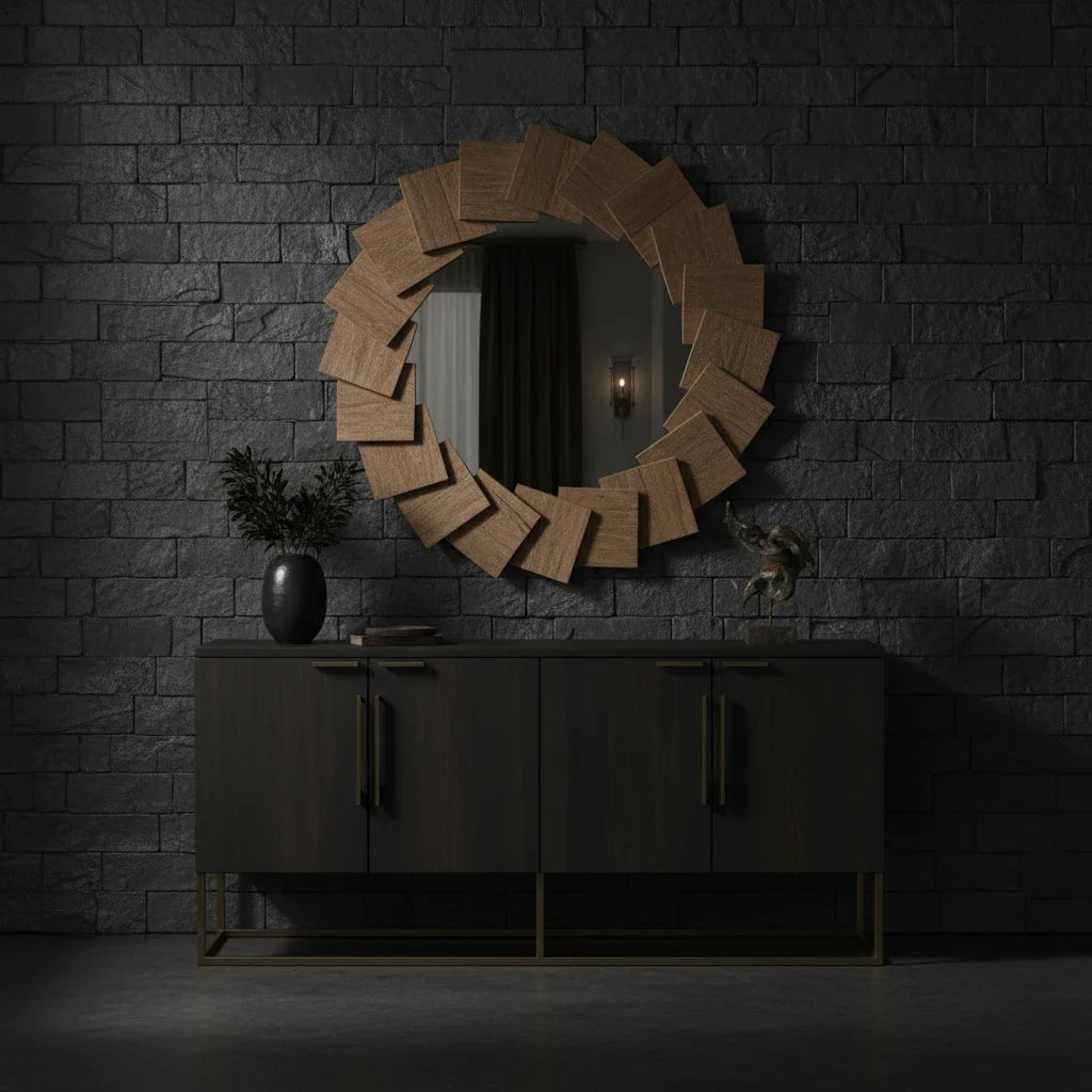 Round wooden mirror on a dark brick wall above a dark cabinet.