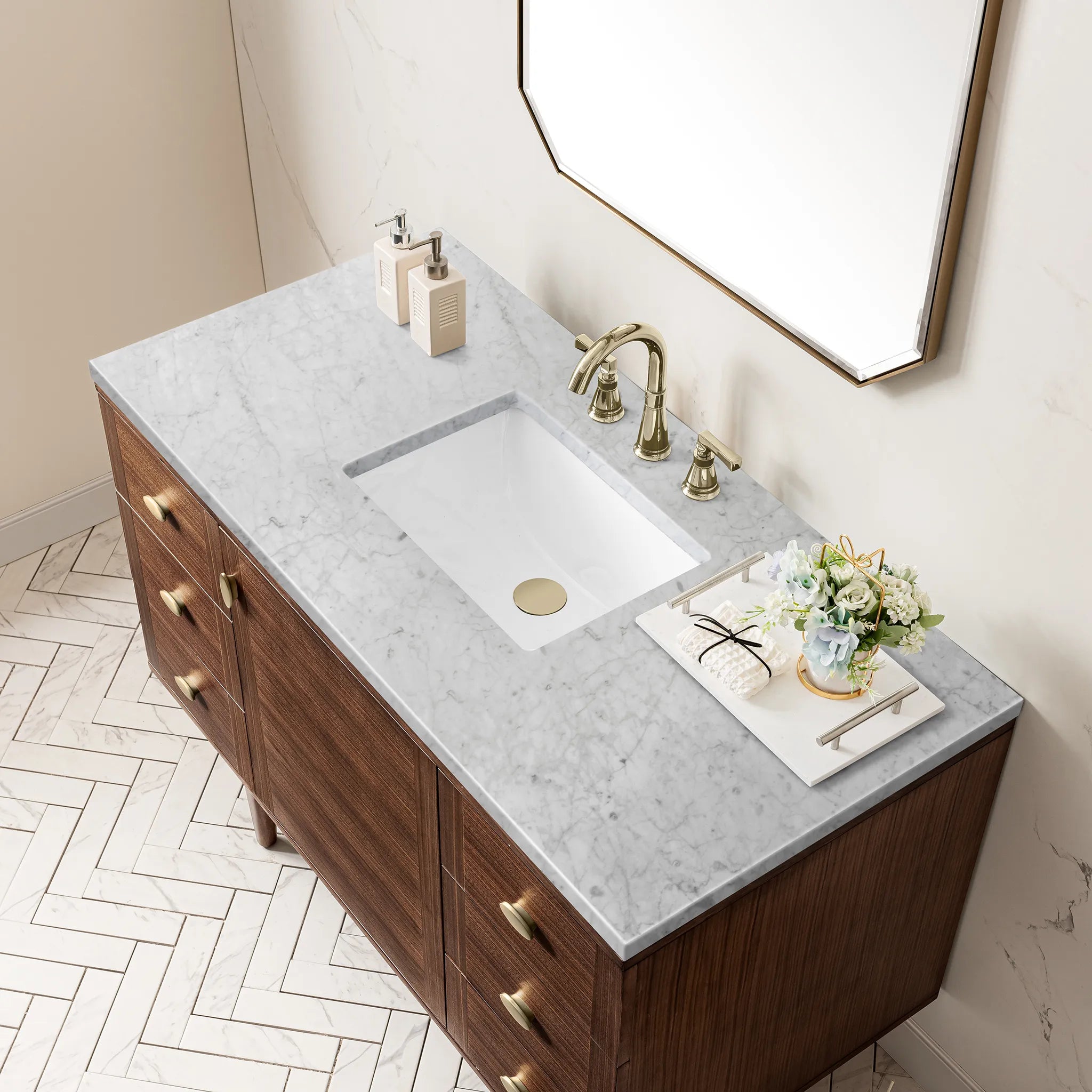 48" Amberly Single Vanity in Mid-Century Walnut-Carrara White Marble-8" Widespread image 8