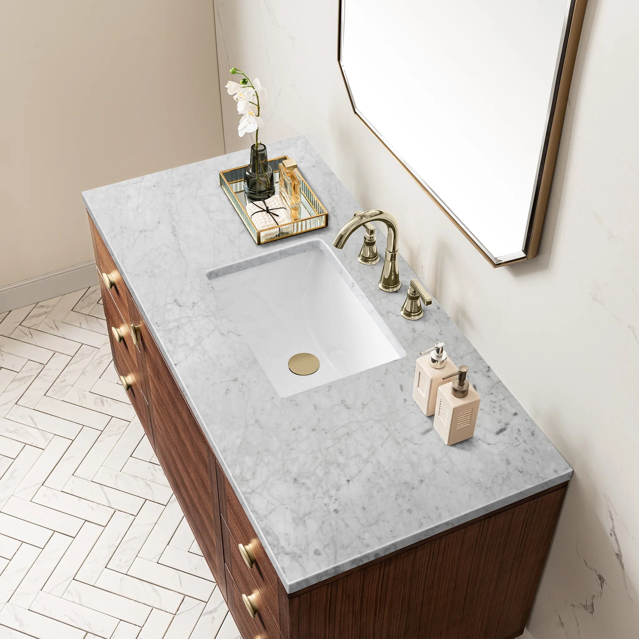 48" Amberly Single Vanity in Mid-Century Walnut-Carrara White Marble-8" Widespread image 9