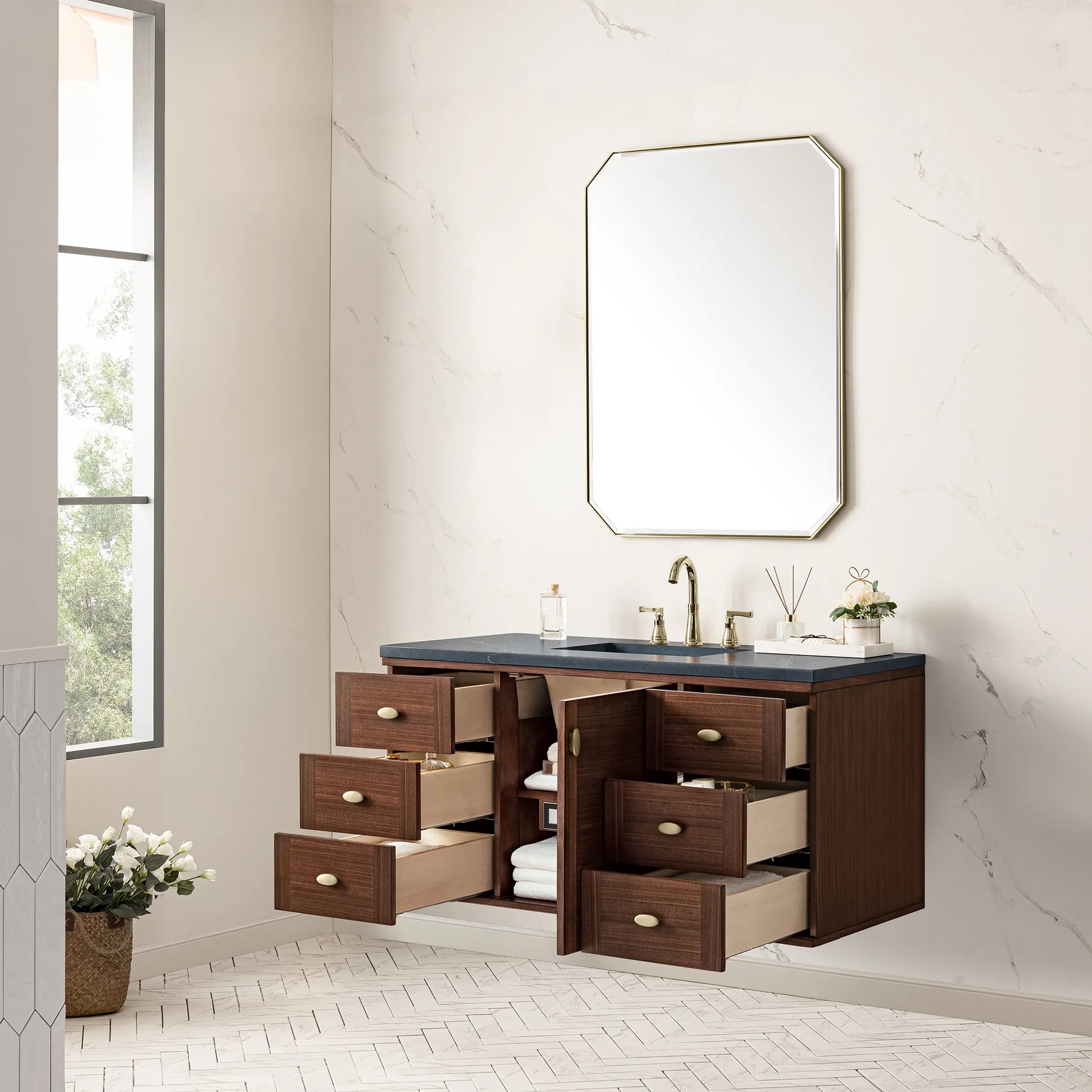 48" Amberly Single Vanity in Mid-Century Walnut-Charcoal Soapstone Silestone-8" Widespread image 11