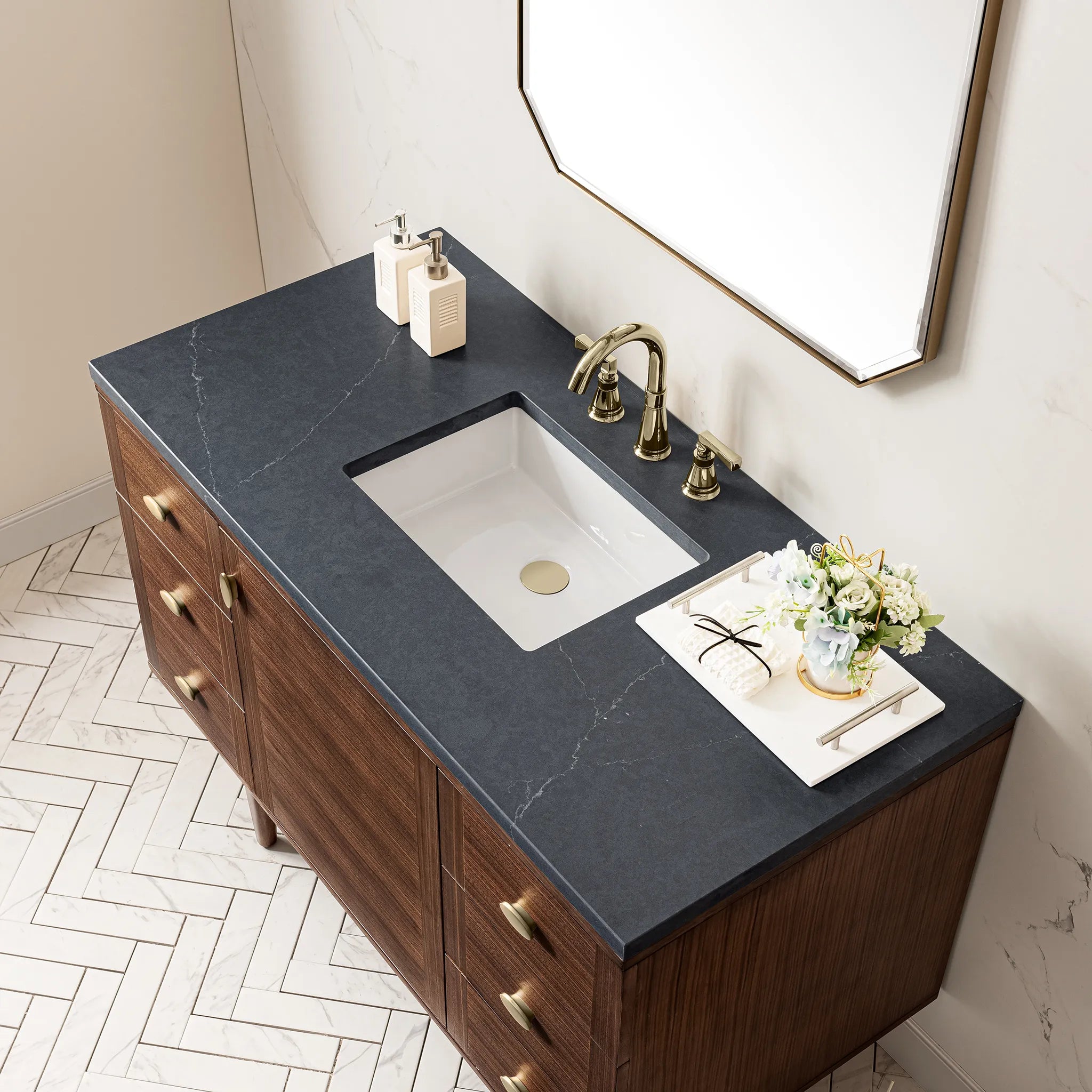 48" Amberly Single Vanity in Mid-Century Walnut-Charcoal Soapstone Silestone-8" Widespread image 12