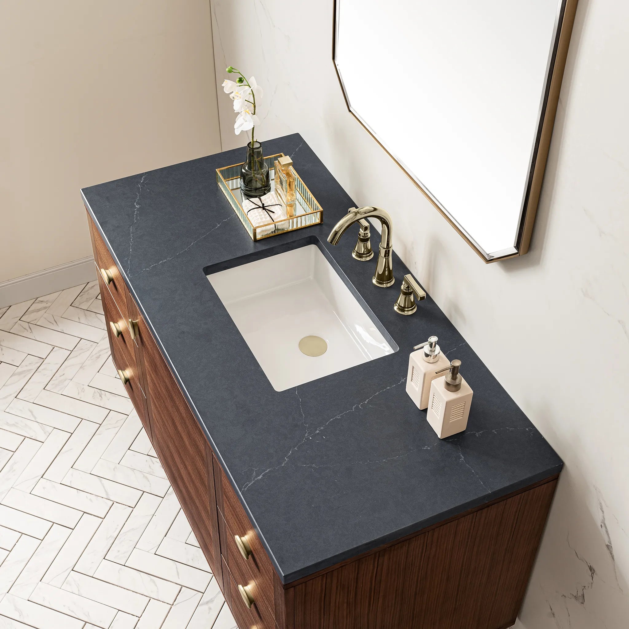 48" Amberly Single Vanity in Mid-Century Walnut-Charcoal Soapstone Silestone-8" Widespread image 13