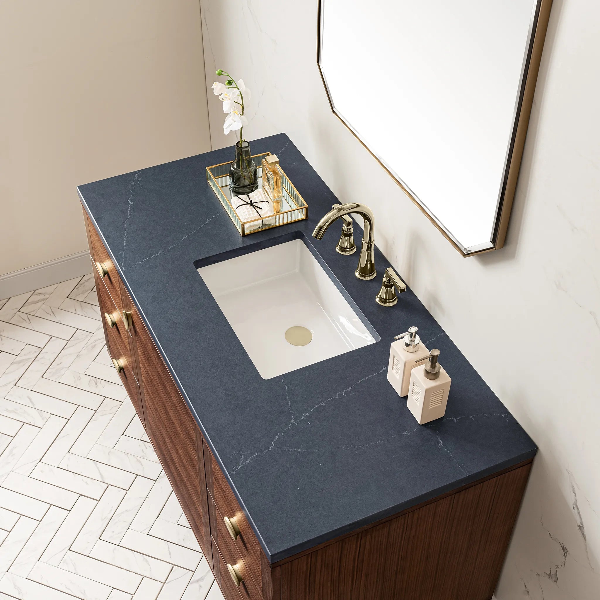 48" Amberly Single Vanity in Mid-Century Walnut-Charcoal Soapstone Silestone-8" Widespread image 15