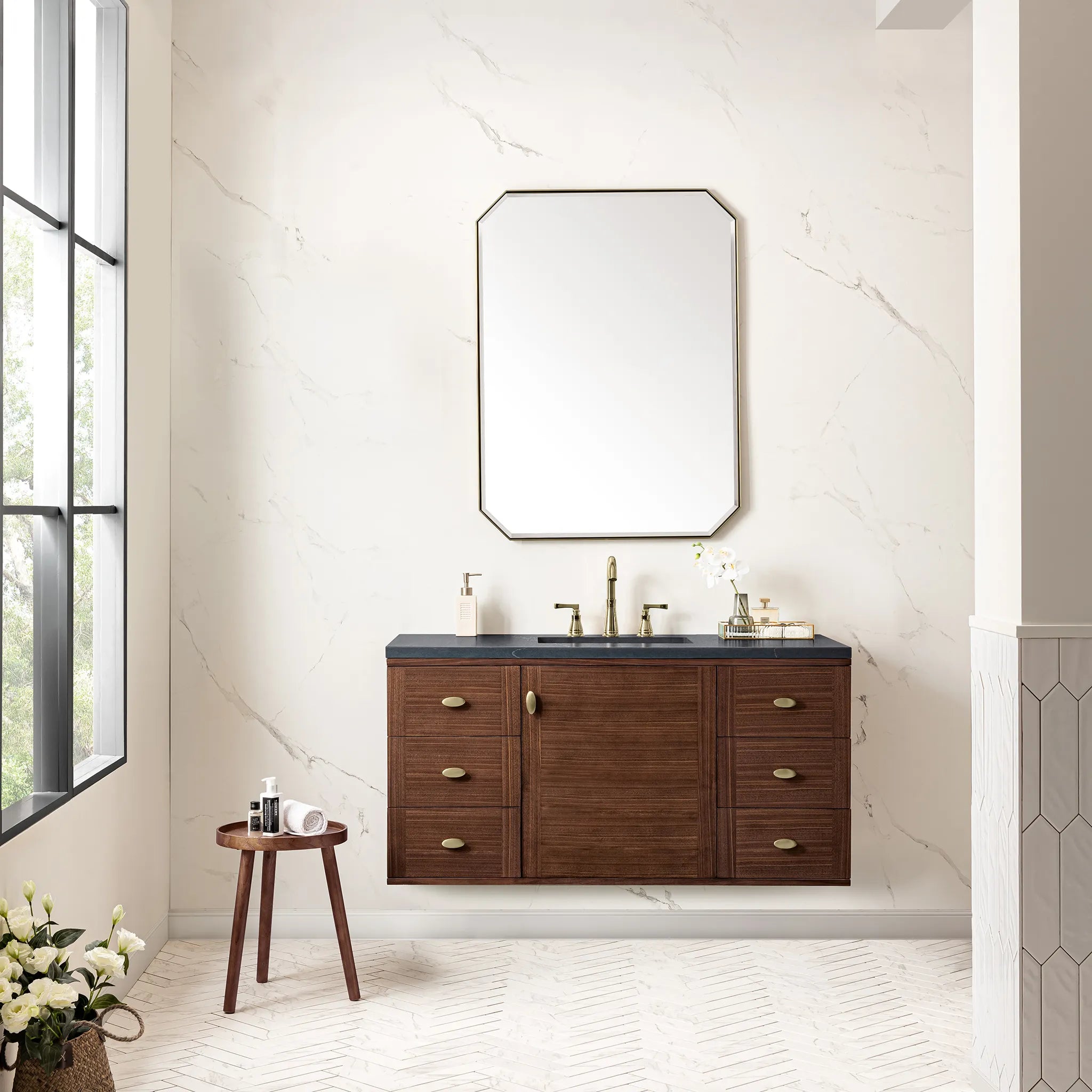48" Amberly Single Vanity in Mid-Century Walnut-Charcoal Soapstone Silestone-8" Widespread image 3