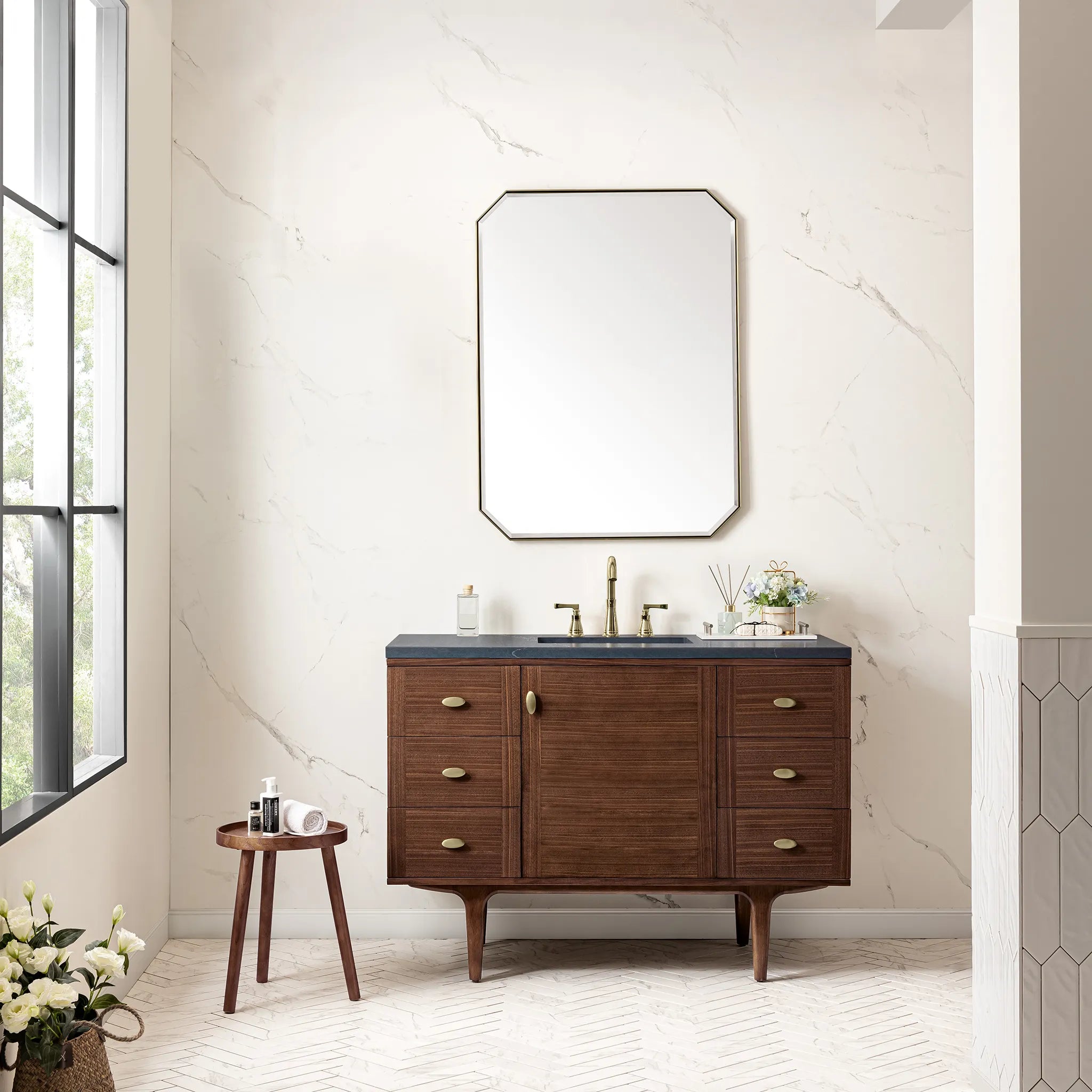 48" Amberly Single Vanity in Mid-Century Walnut-Charcoal Soapstone Silestone-8" Widespread image 4