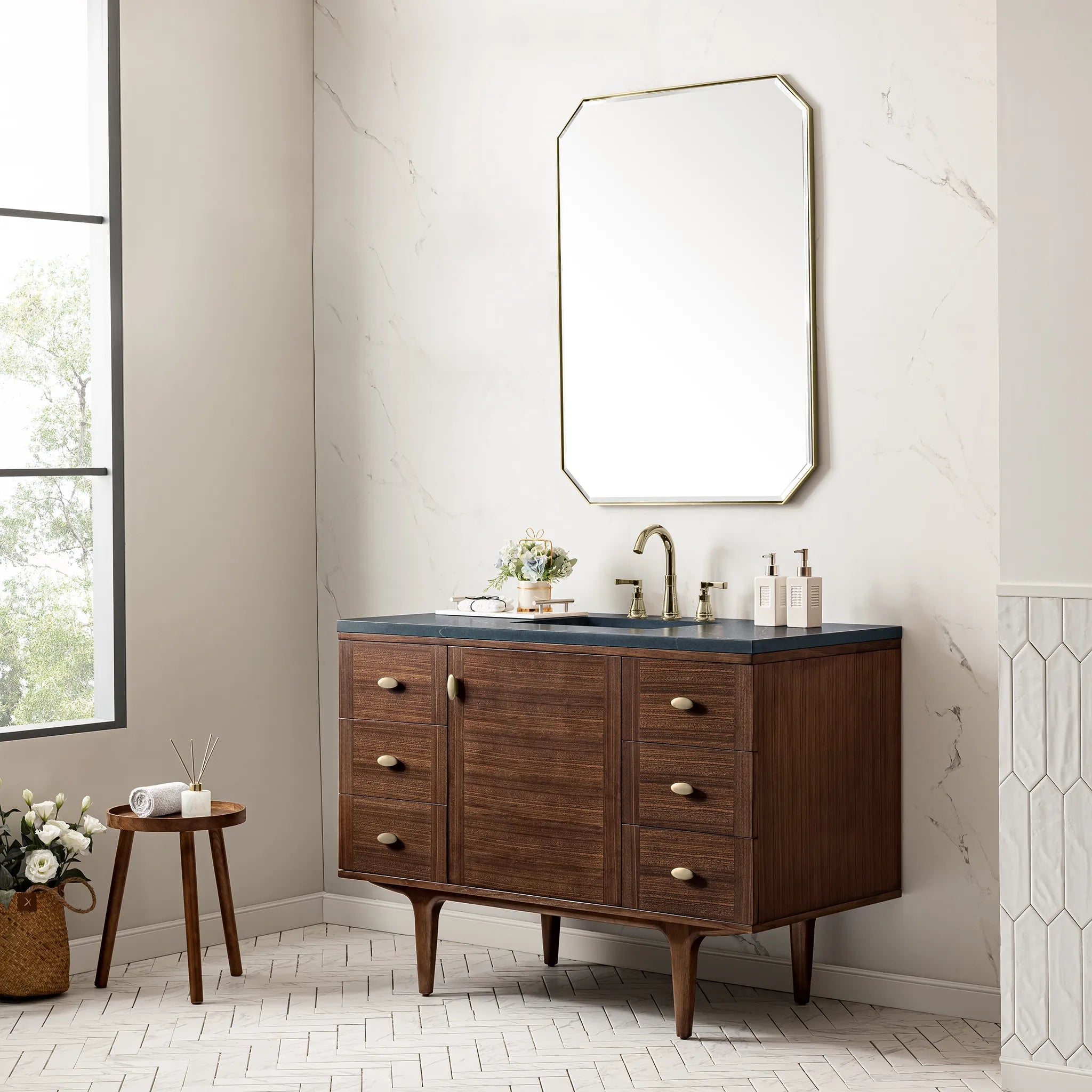 48" Amberly Single Vanity in Mid-Century Walnut-Charcoal Soapstone Silestone-8" Widespread image 6