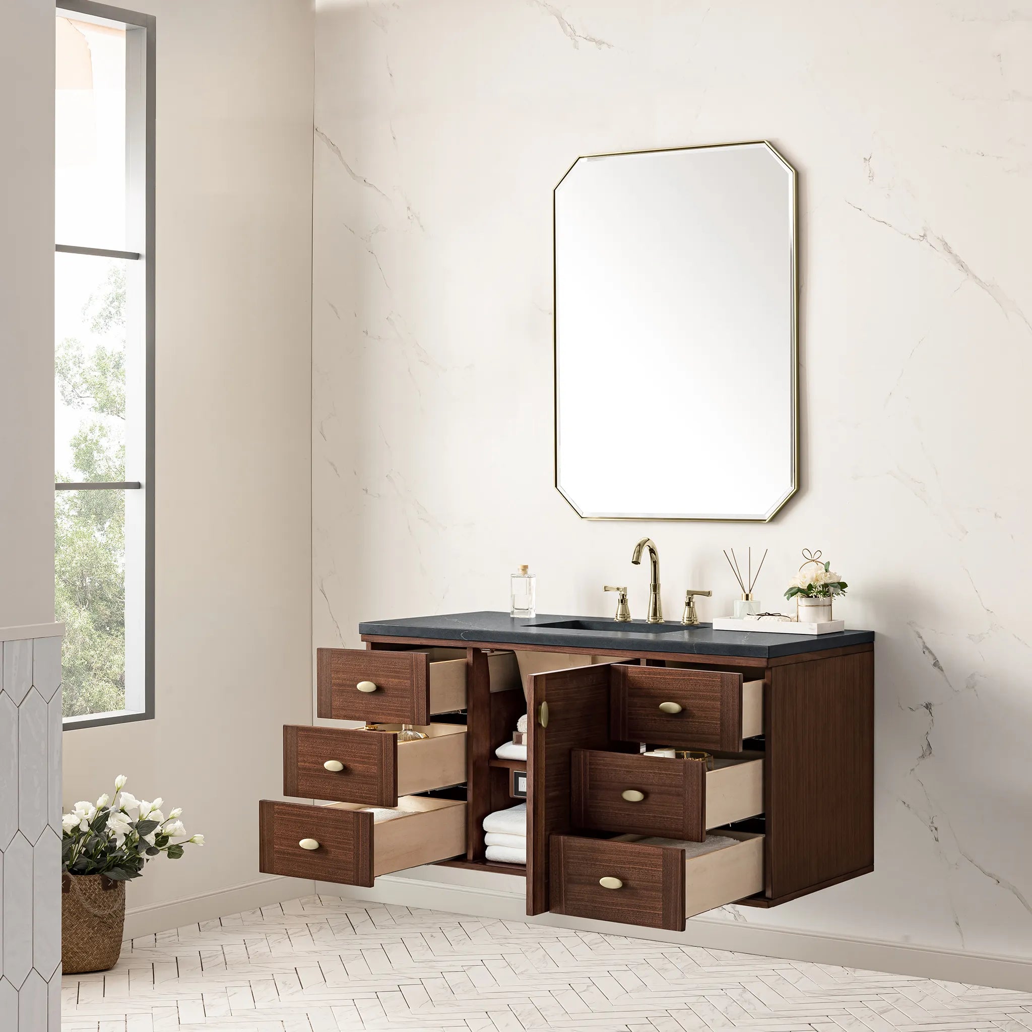 48" Amberly Single Vanity in Mid-Century Walnut-Charcoal Soapstone Silestone-8" Widespread image 9