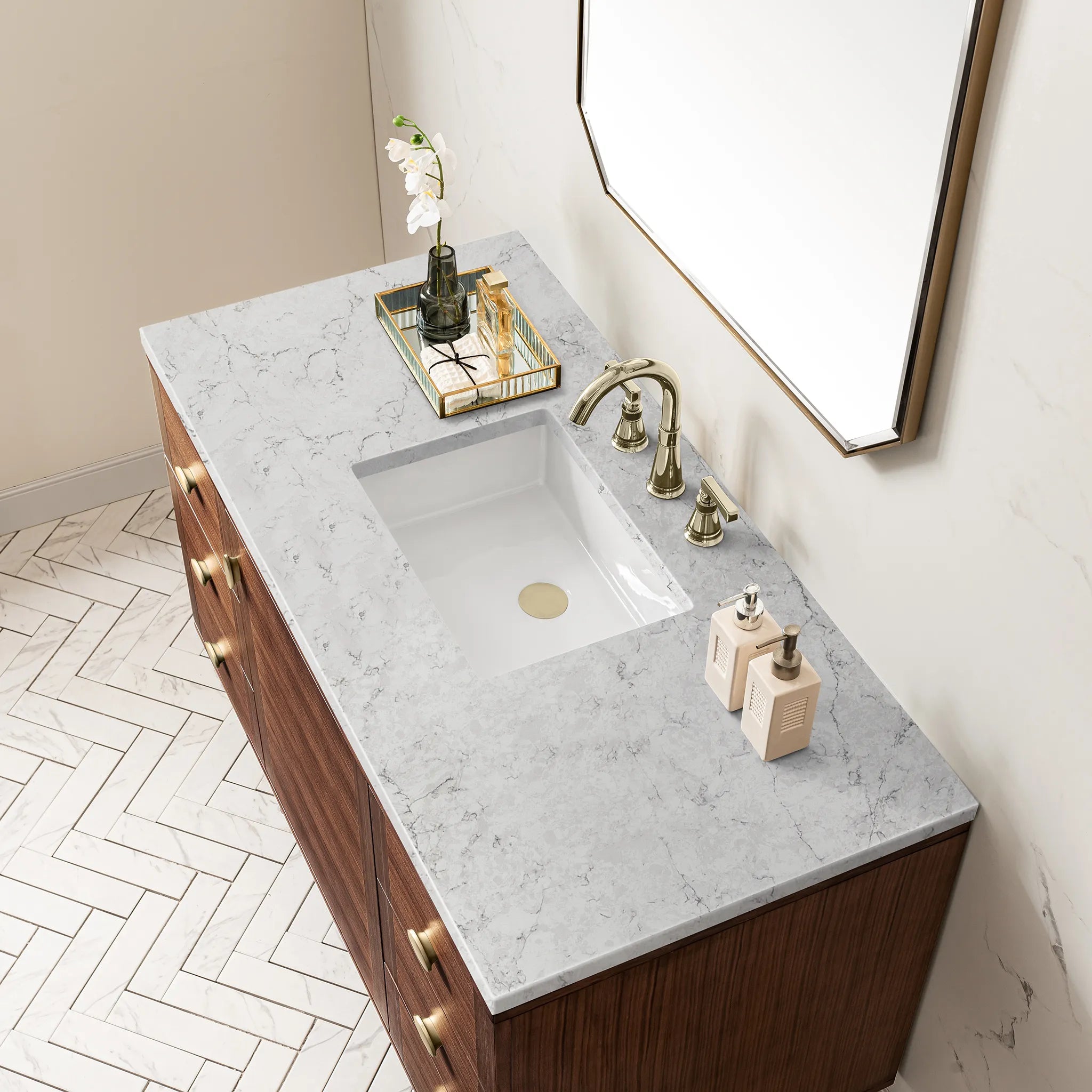 48" Amberly Single Vanity in Mid-Century Walnut-Eternal Jasmine Pearl Silestone-8" Widespread image 9