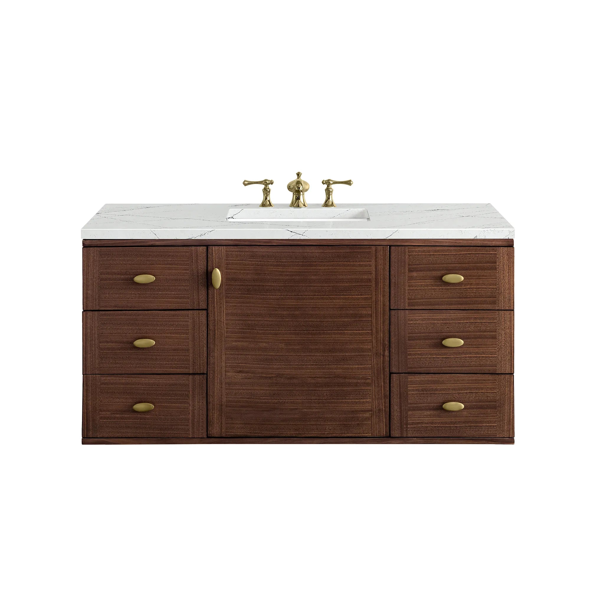 48" Amberly Single Vanity in Mid-Century Walnut-Ethereal Noctis Silestone-8" Widespread image 1