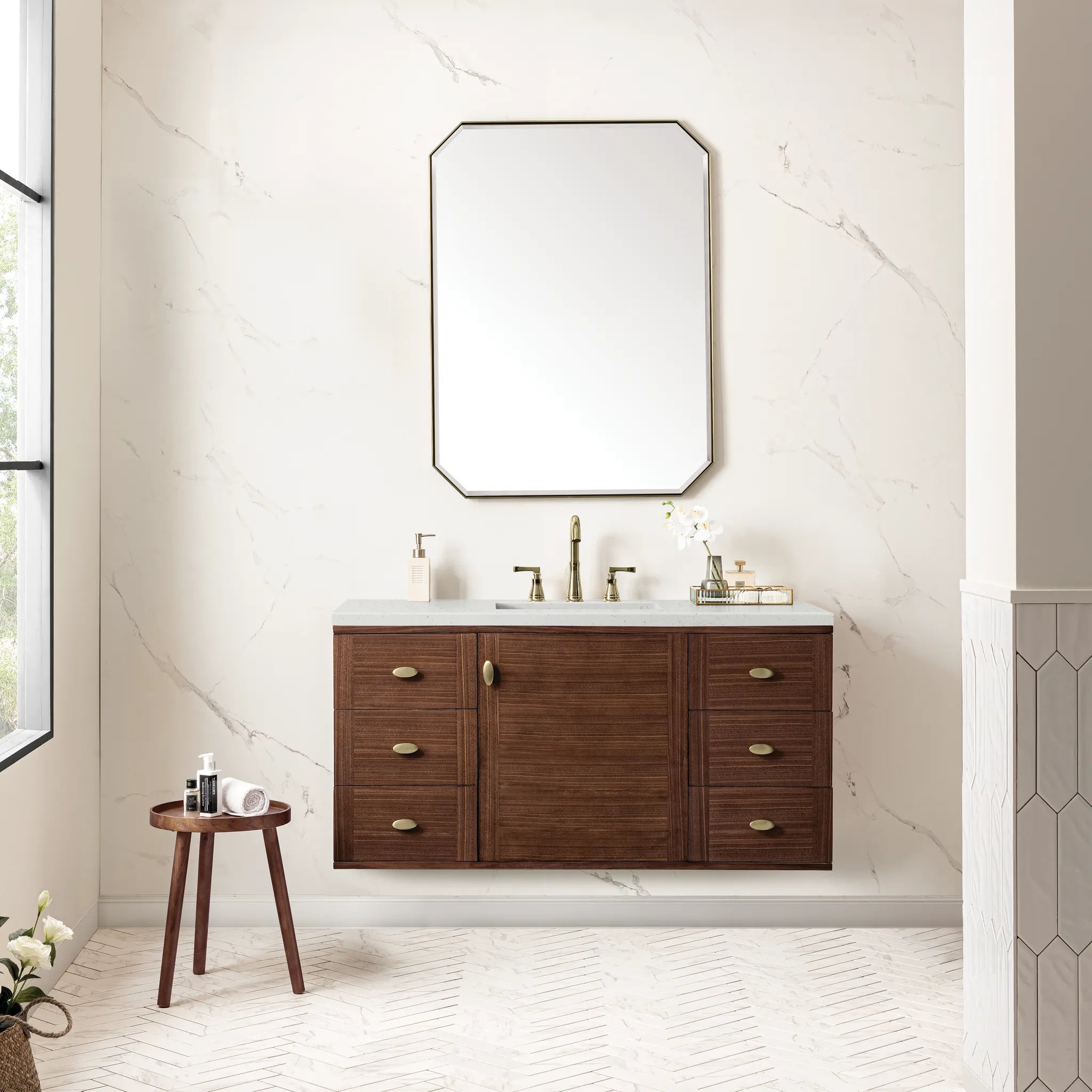 48" Amberly Single Vanity in Mid-Century Walnut-Lime Delight Silestone-8" Widespread image 3