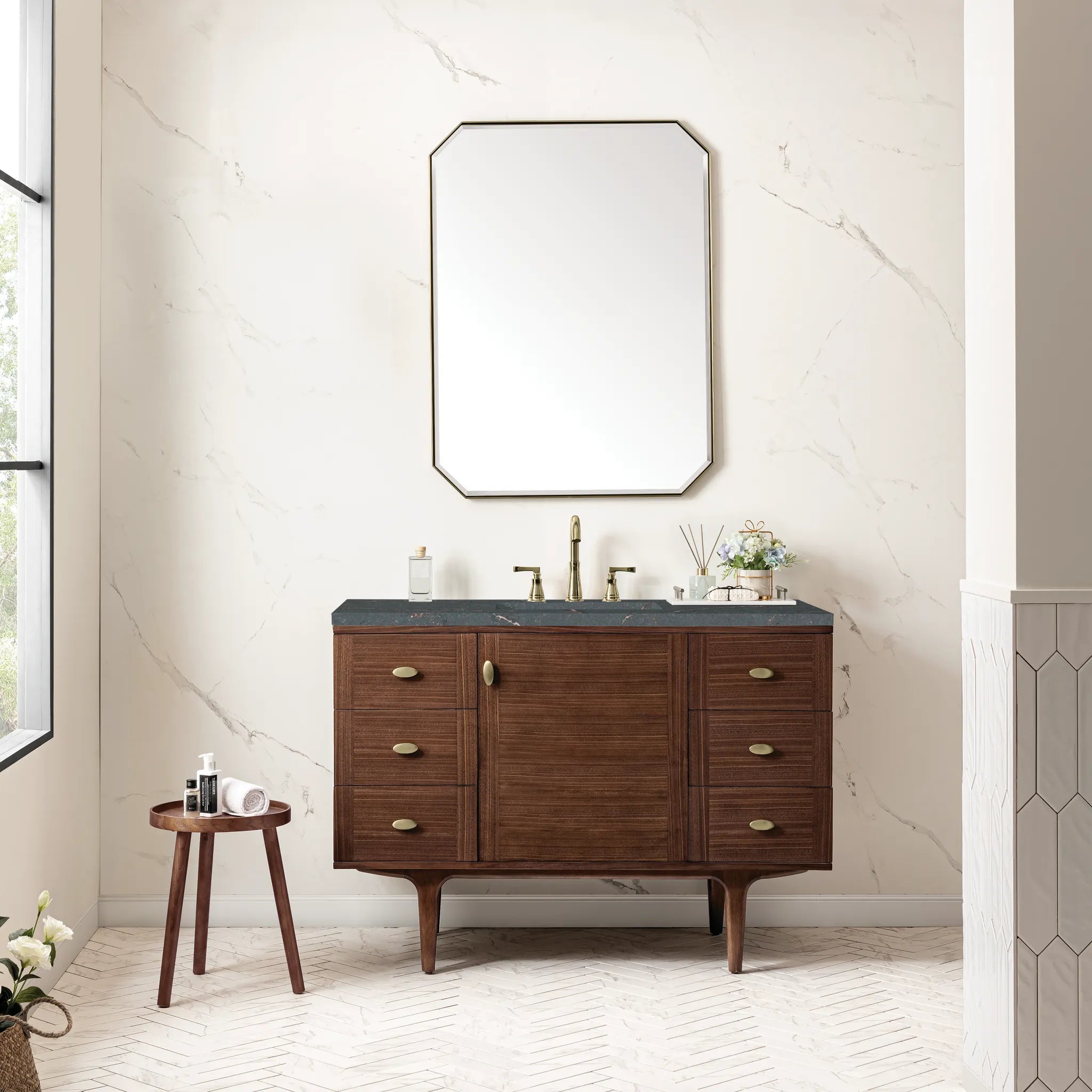 48" Amberly Single Vanity in Mid-Century Walnut-Parisien Bleu Silestone-8" Widespread image 2
