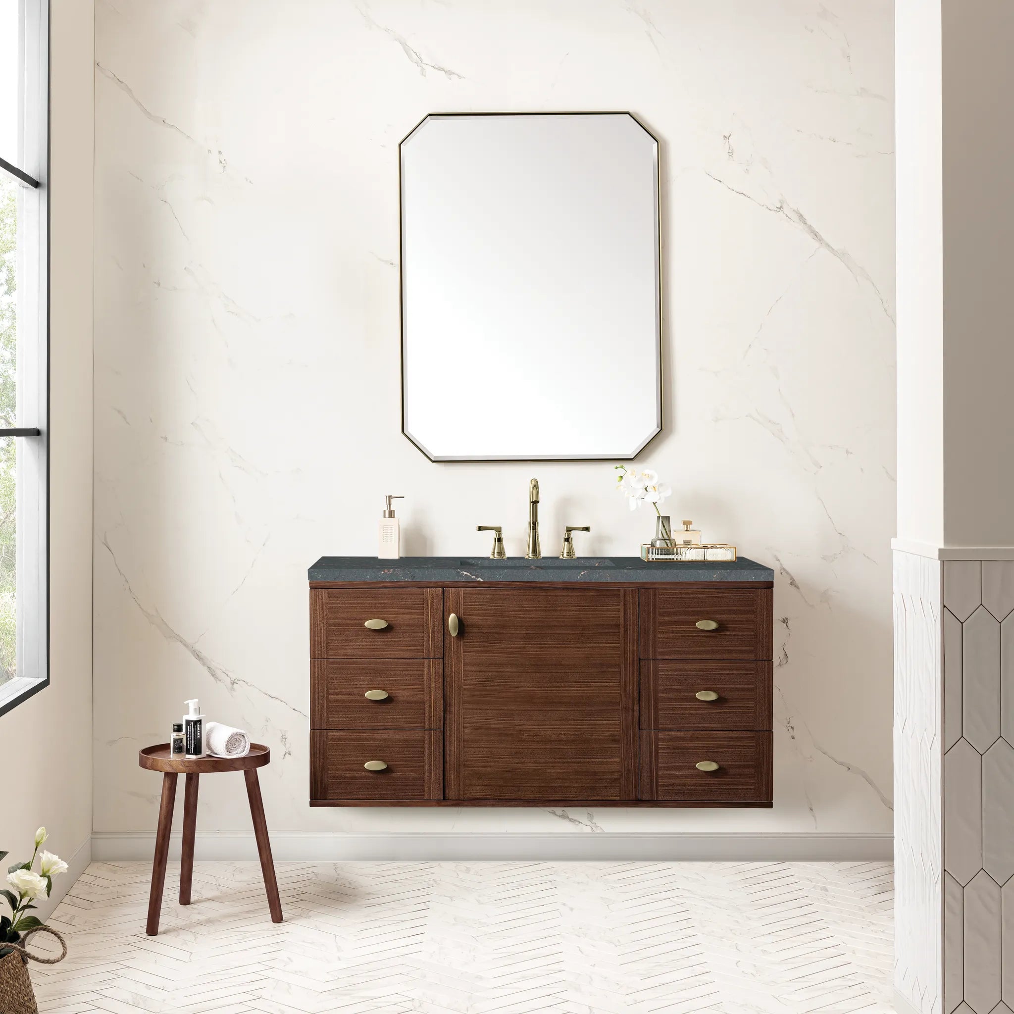48" Amberly Single Vanity in Mid-Century Walnut-Parisien Bleu Silestone-8" Widespread image 3