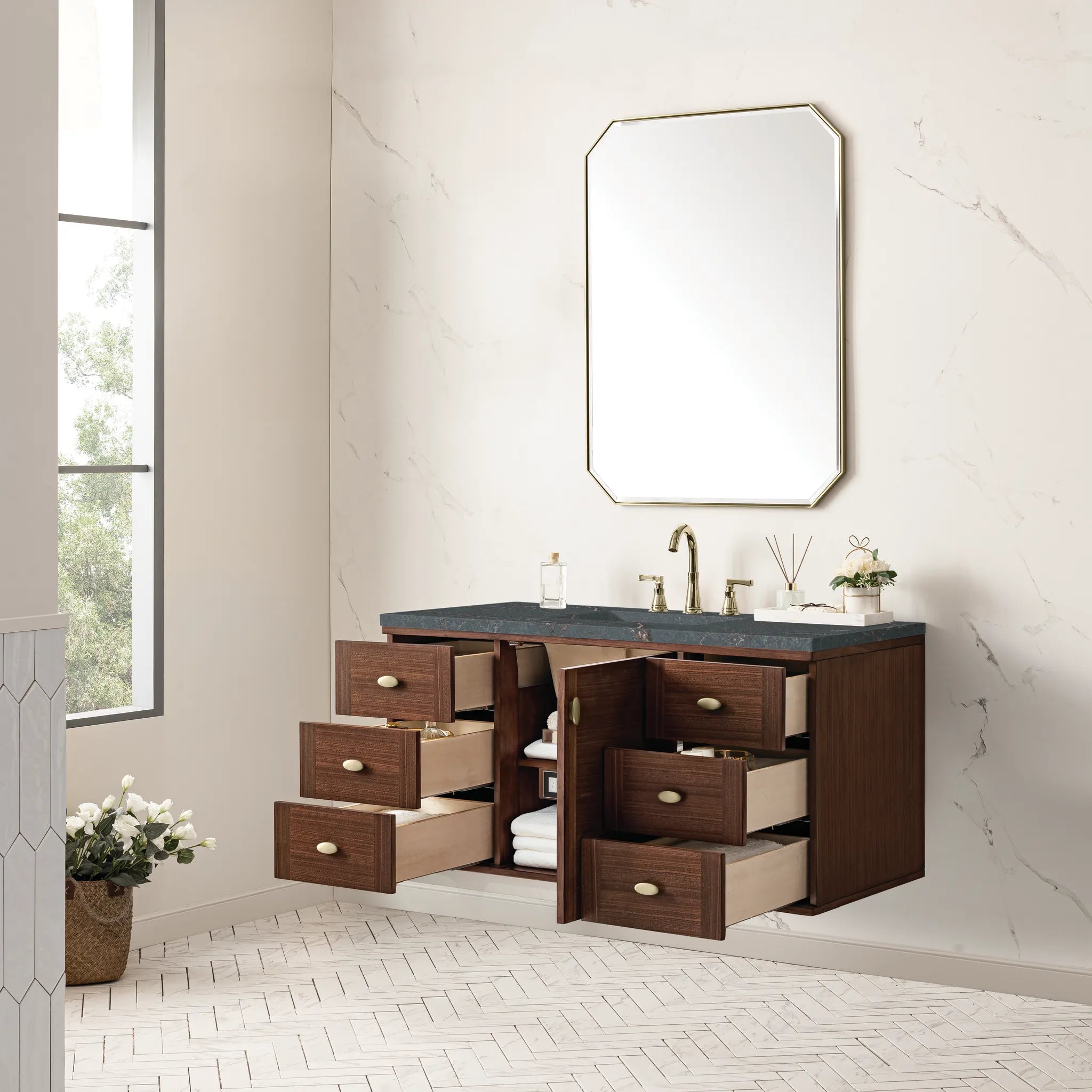 48" Amberly Single Vanity in Mid-Century Walnut-Parisien Bleu Silestone-8" Widespread image 7
