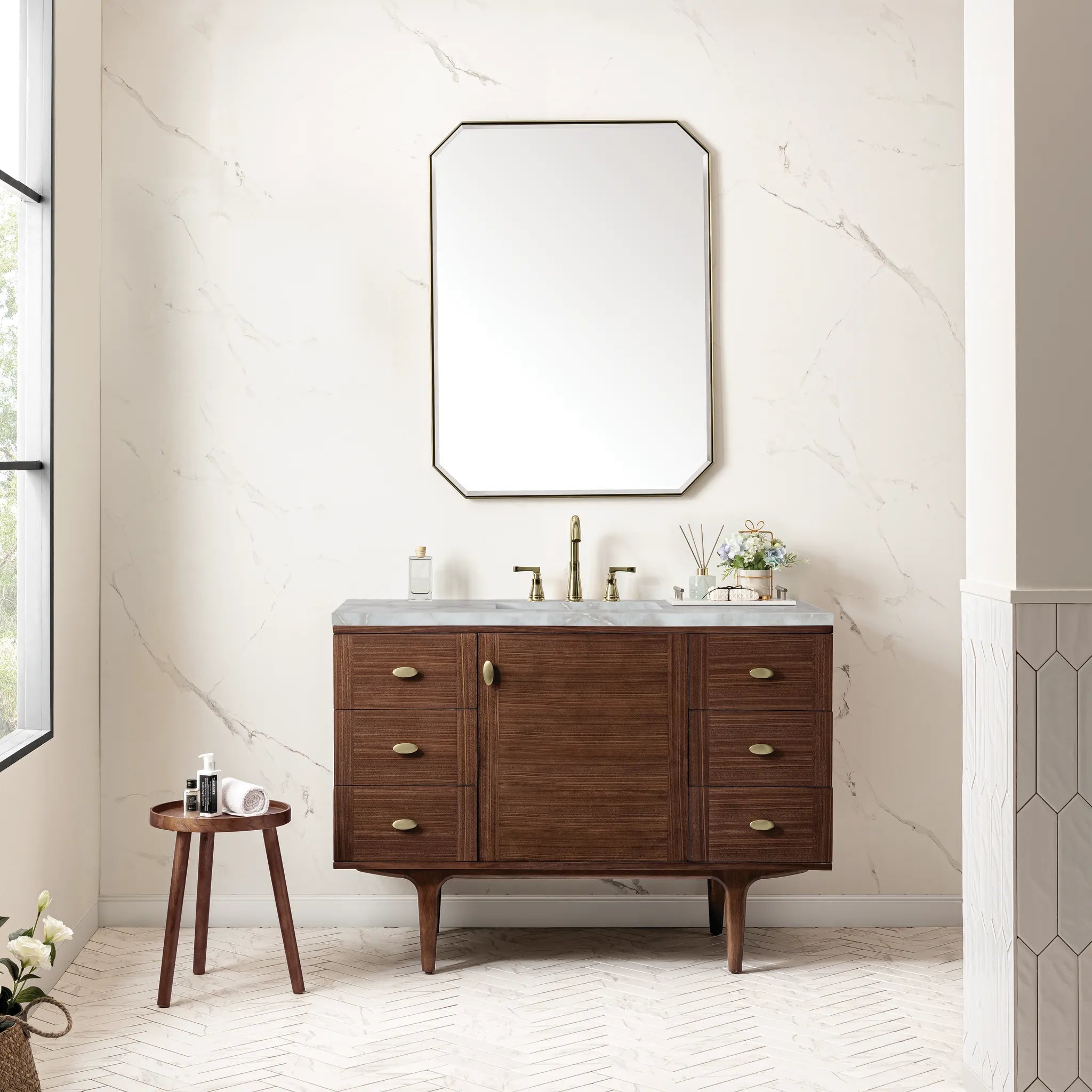 48" Amberly Single Vanity in Mid-Century Walnut-Victorian Silver Silestone-8" Widespread image 2