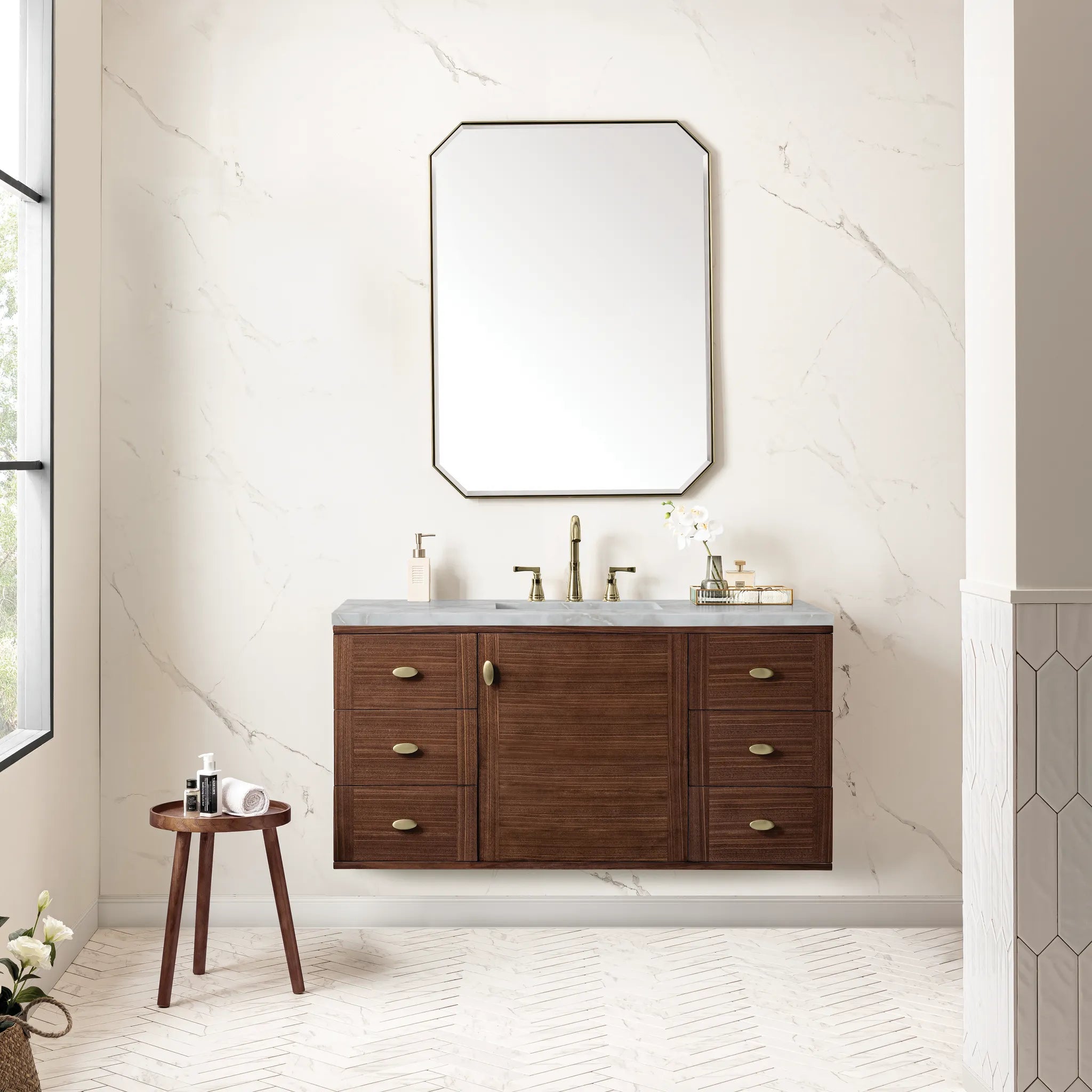 48" Amberly Single Vanity in Mid-Century Walnut-Victorian Silver Silestone-8" Widespread image 3