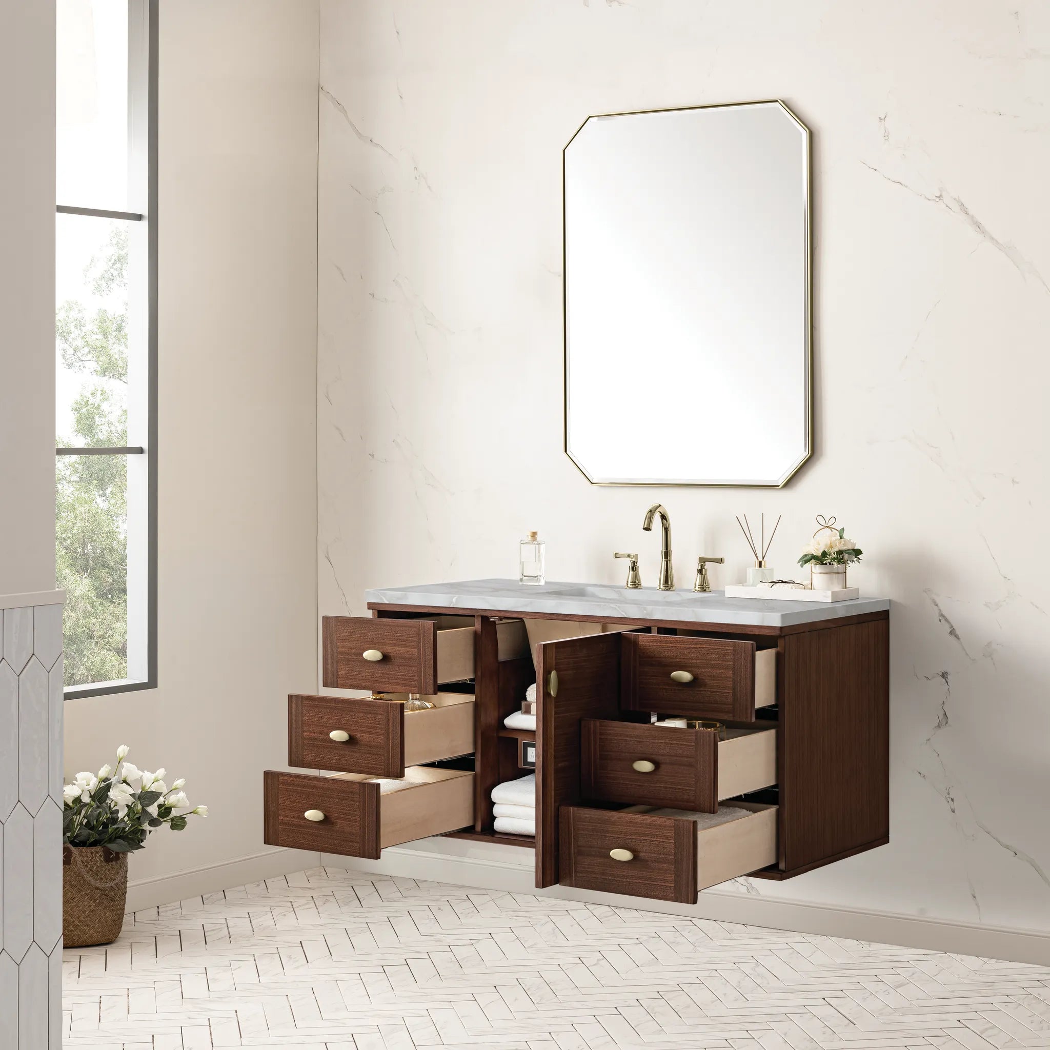 48" Amberly Single Vanity in Mid-Century Walnut-Victorian Silver Silestone-8" Widespread image 7