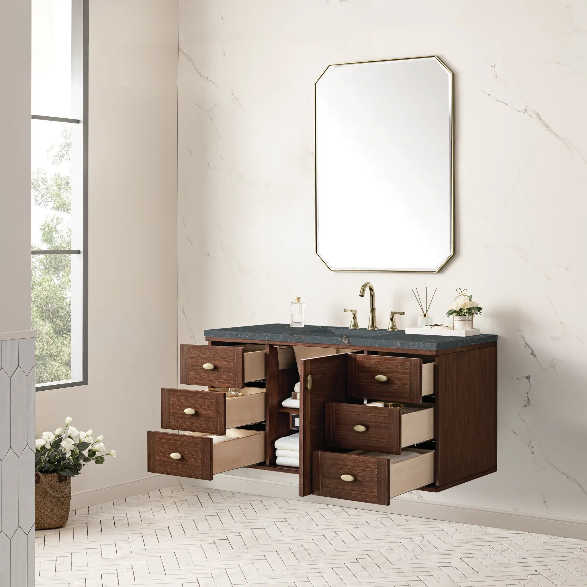48" Amberly Single Vanity in Mid-Century Walnut w/FreePower Wireless Charger-Parisien Bleu Silestone-8" Widespread image 10