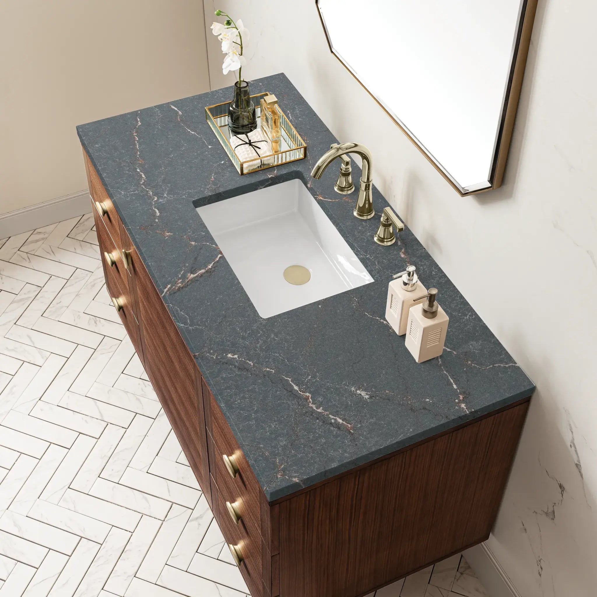 48" Amberly Single Vanity in Mid-Century Walnut w/FreePower Wireless Charger-Parisien Bleu Silestone-8" Widespread image 11