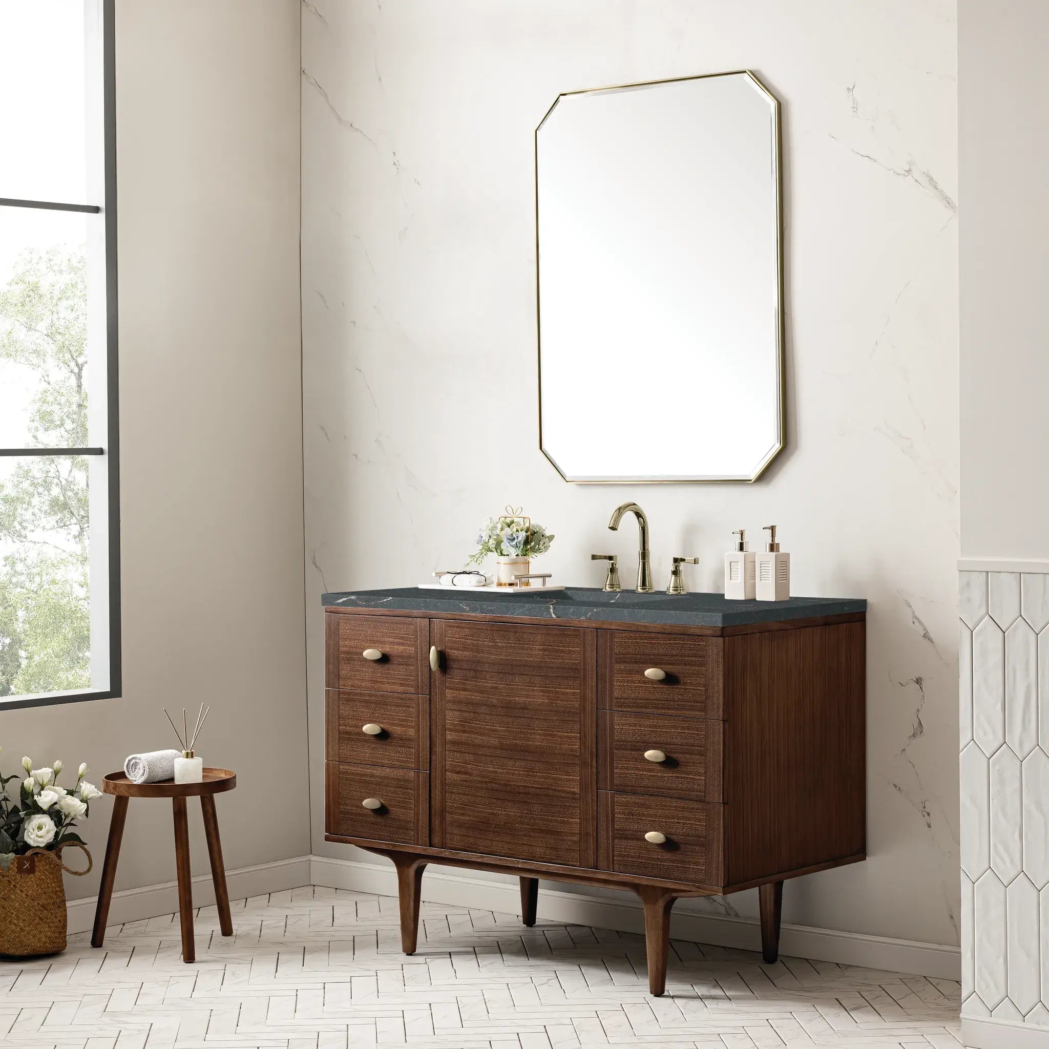48" Amberly Single Vanity in Mid-Century Walnut w/FreePower Wireless Charger-Parisien Bleu Silestone-8" Widespread image 7