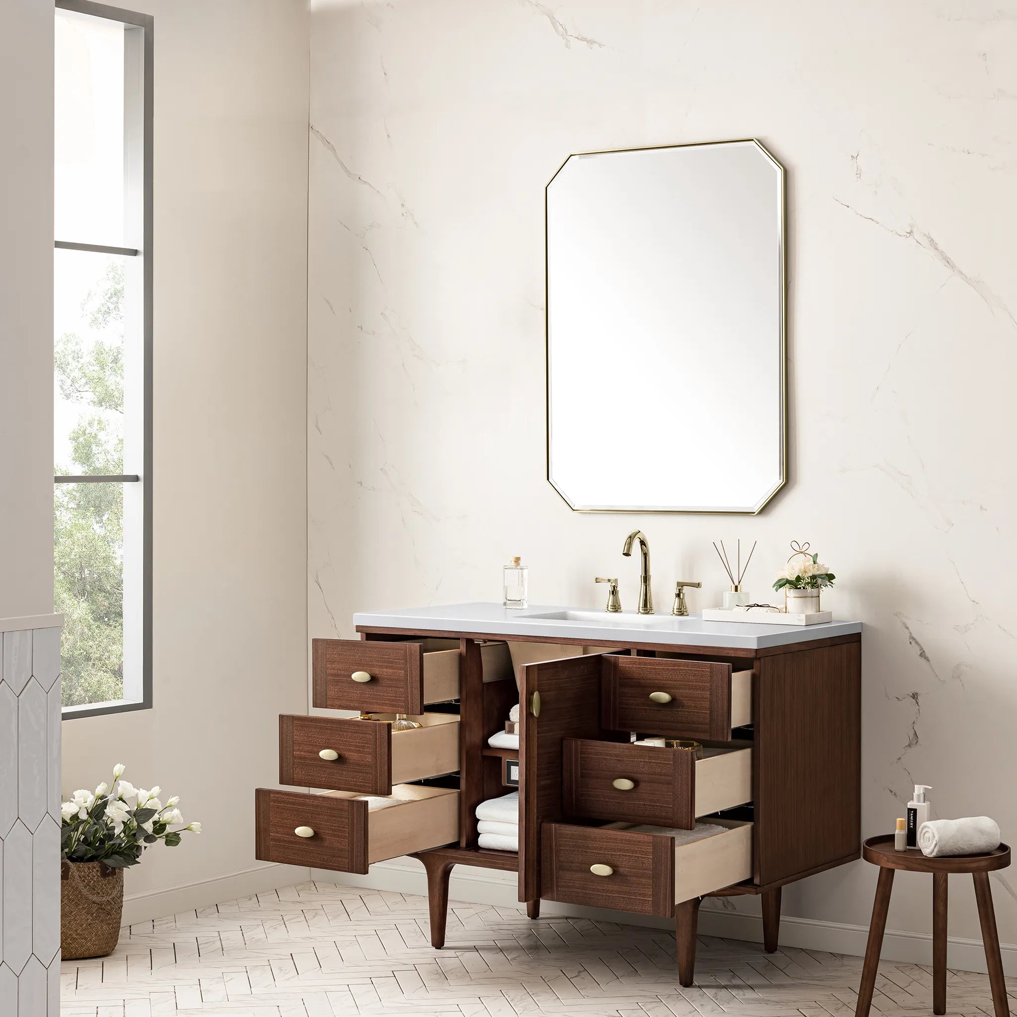 48" Amberly Single Vanity in Mid-Century Walnut-White Zeus Silestone-8" Widespread image 7