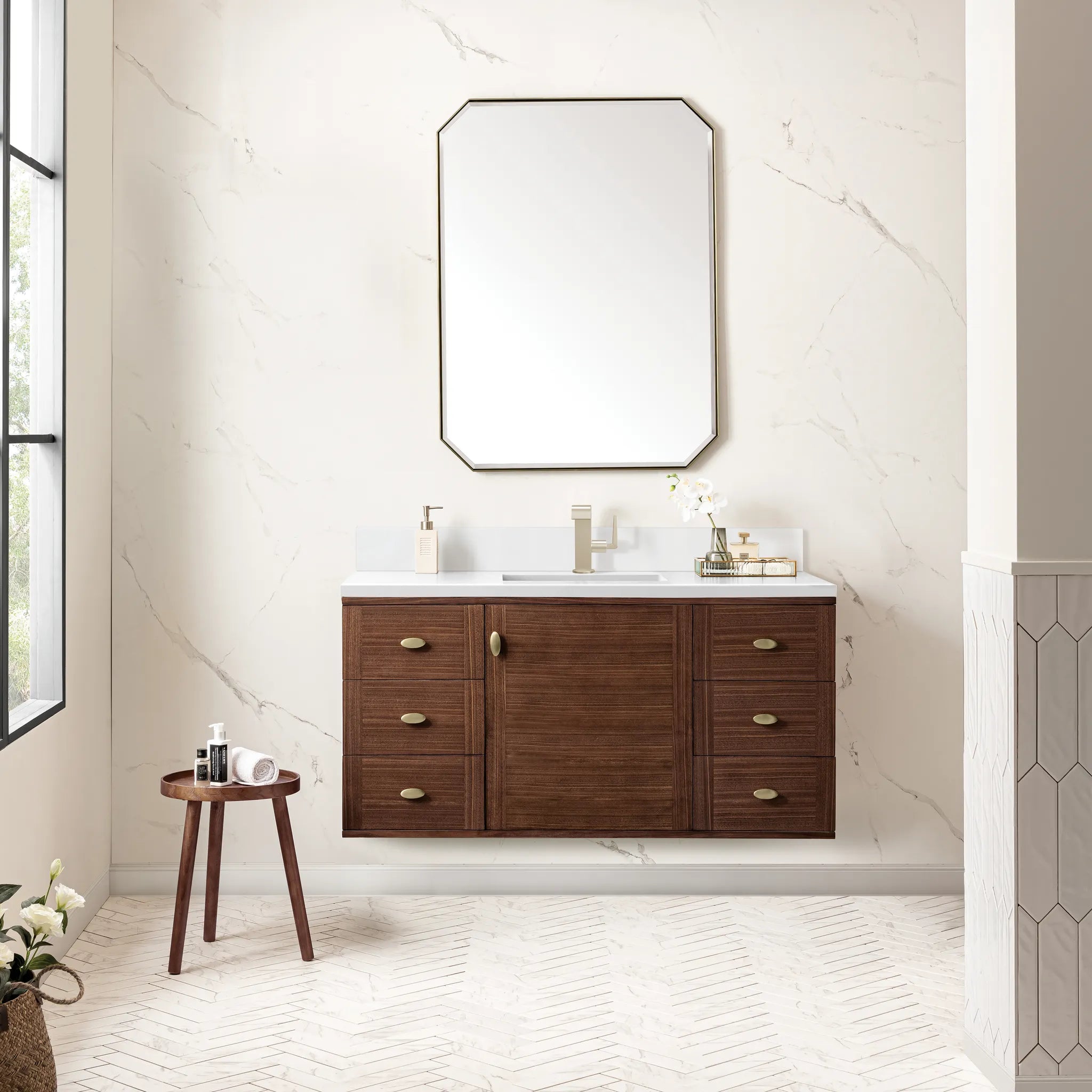 48" Amberly Single Vanity in Mid-Century Walnut-White Zeus Silestone & Backsplash-Single Hole image 2
