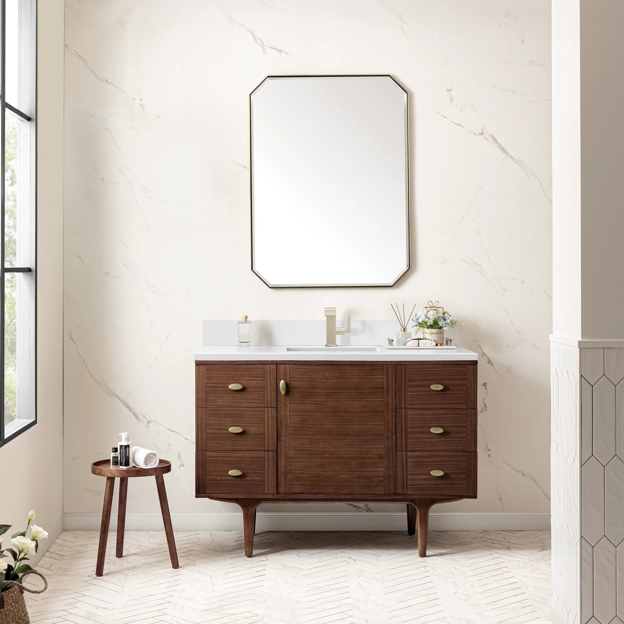 48" Amberly Single Vanity in Mid-Century Walnut-White Zeus Silestone & Backsplash-Single Hole image 3