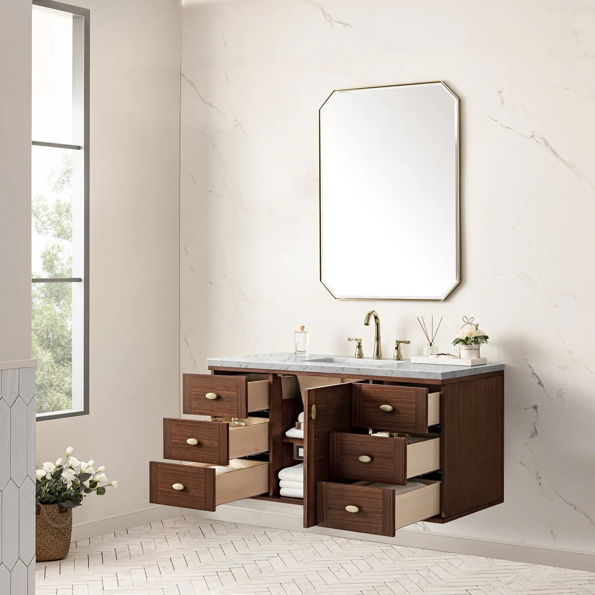 48" Amberly Single Vanity in Mid-Century Walnut Wireless Charger-Eternal Jasmine Pearl Silestone-8" Widespread image 10