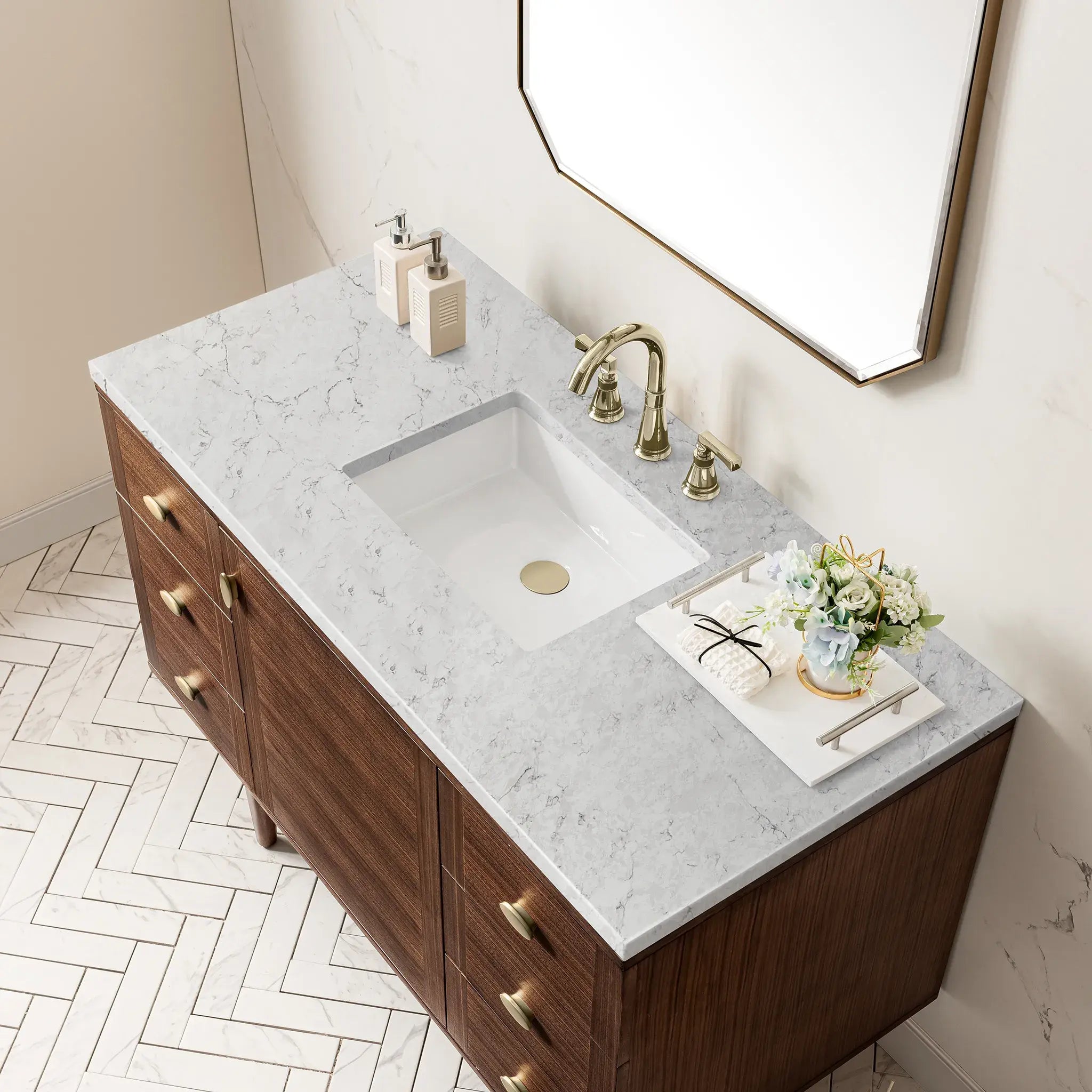 48" Amberly Single Vanity in Mid-Century Walnut Wireless Charger-Eternal Jasmine Pearl Silestone-8" Widespread image 11