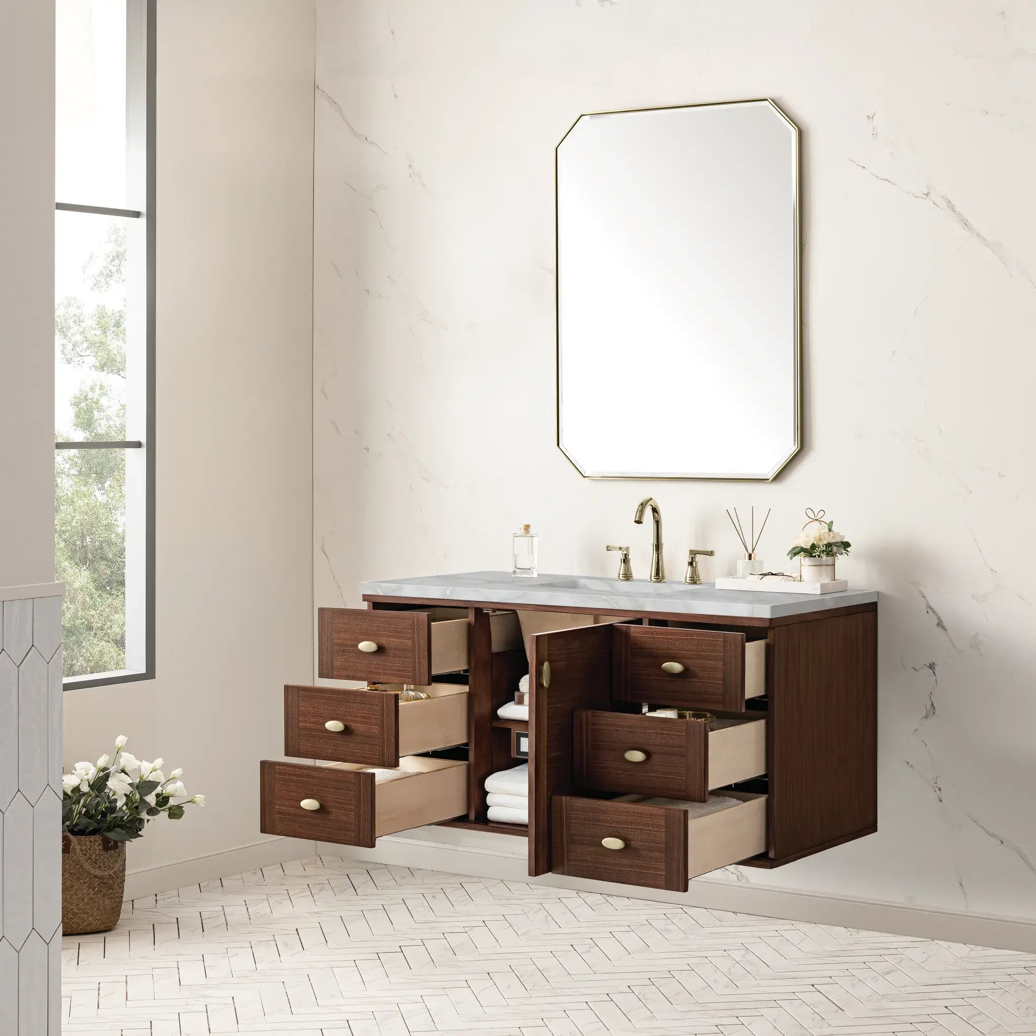 48" Amberly Single Vanity in Mid-Century Walnut Wireless Charger-Victorian Silver Silestone-8" Widespread image 10