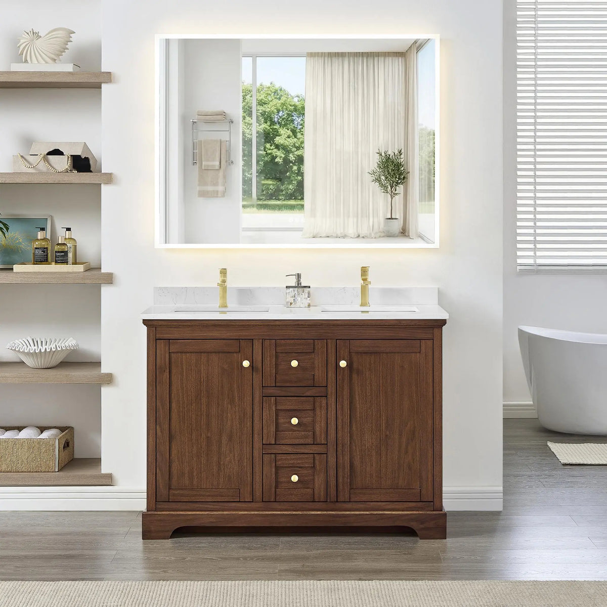 48" Avery Double Bathroom Vanity Dark Walnut Brushed Gold Trim by wyndham View 4
