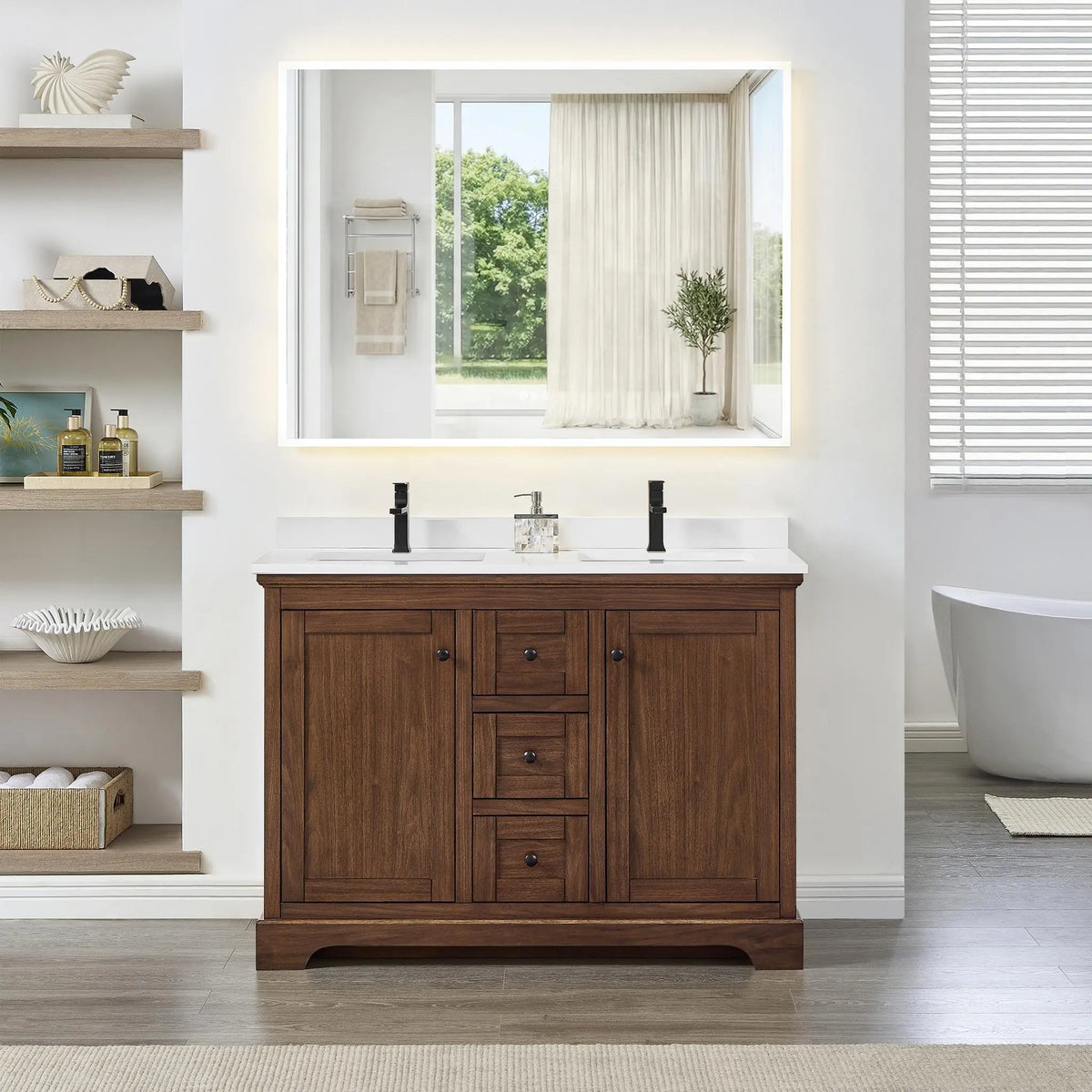48" Avery Double Bathroom Vanity Dark Walnut Matte Black Trim by wyndham View 24