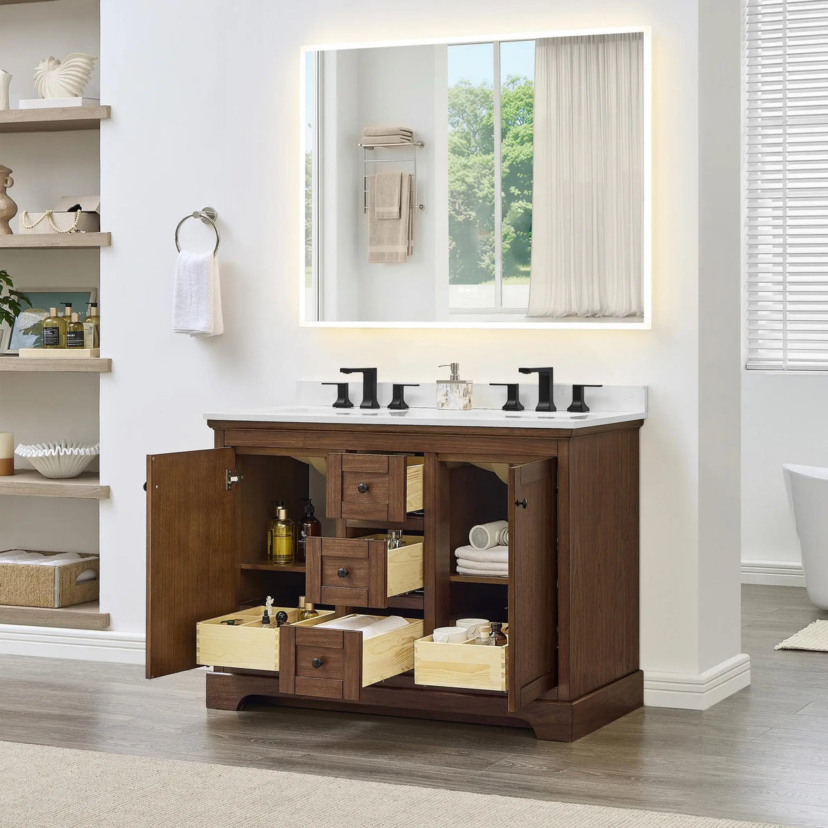 48" Avery Double Bathroom Vanity Dark Walnut Matte Black Trim by wyndham View 37