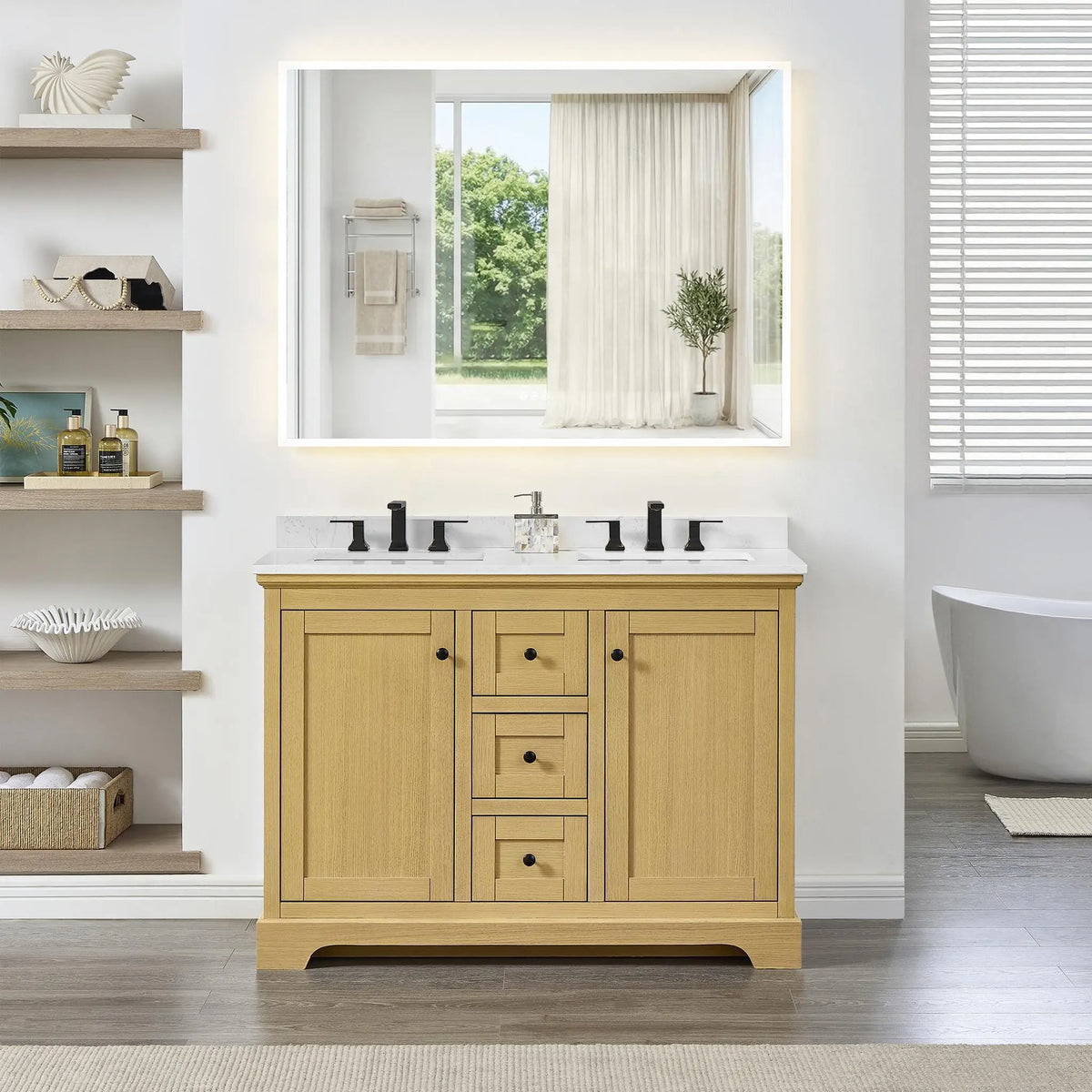 48" Avery Double Bathroom Vanity Honey Oak Matte Black Trim by wyndham View 9