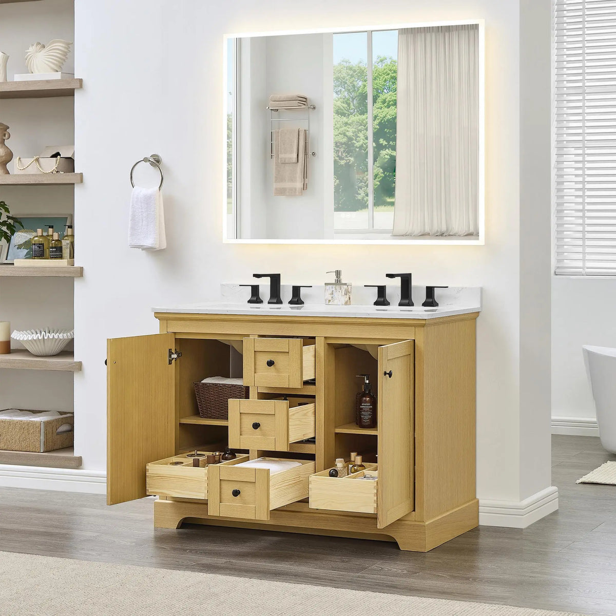 48" Avery Double Bathroom Vanity Honey Oak Matte Black Trim by wyndham View 7