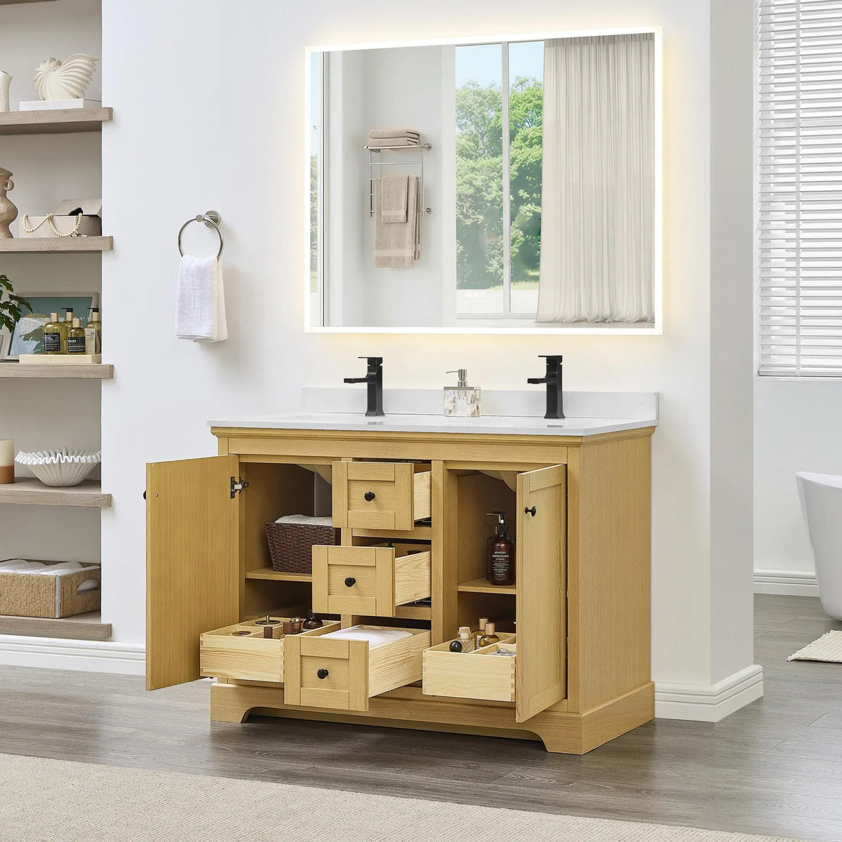48" Avery Double Bathroom Vanity Honey Oak Matte Black Trim by wyndham View 12