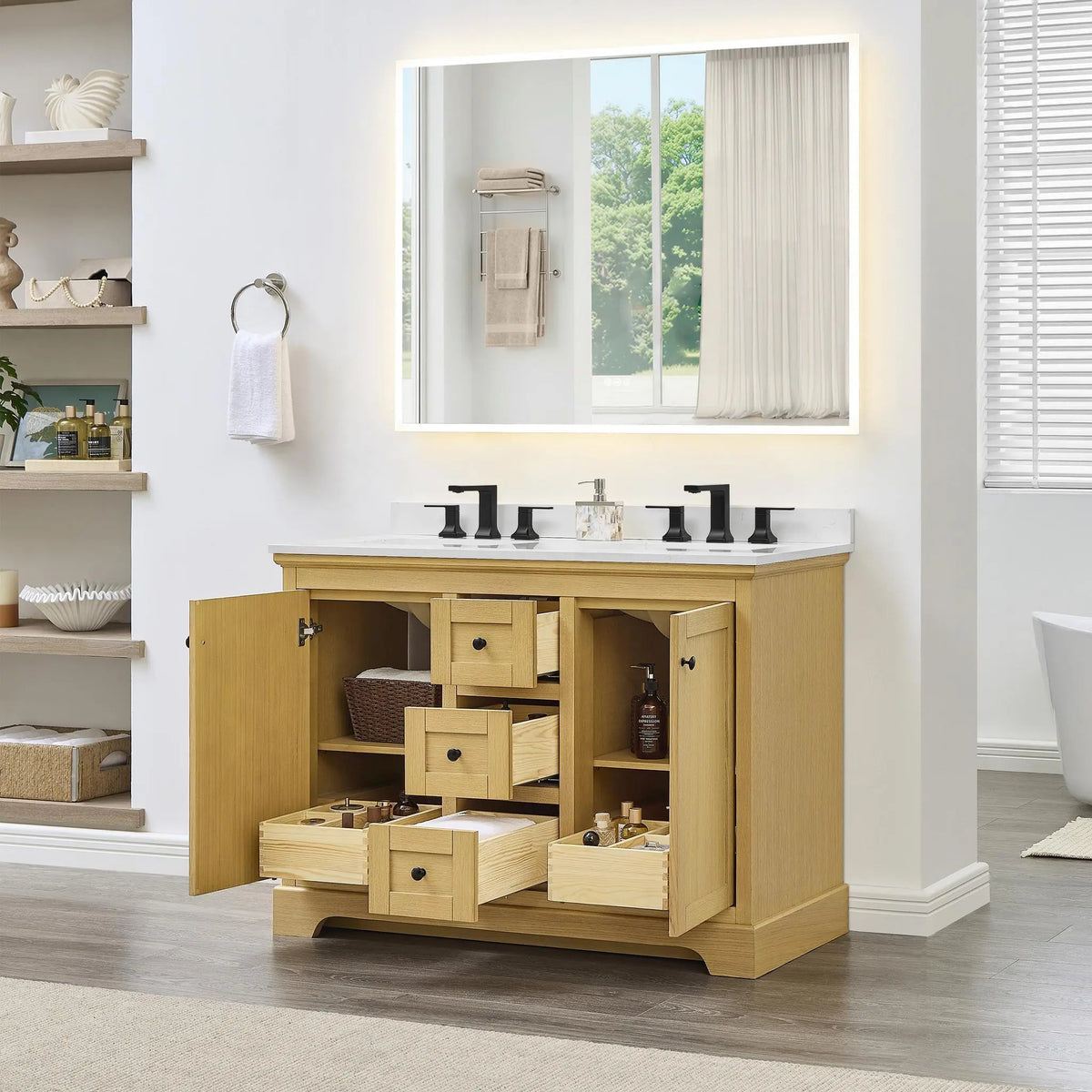 48" Avery Double Bathroom Vanity Honey Oak Matte Black Trim by wyndham View 17