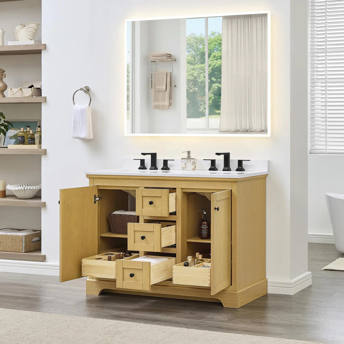 48" Avery Double Bathroom Vanity Honey Oak Matte Black Trim by wyndham View 27