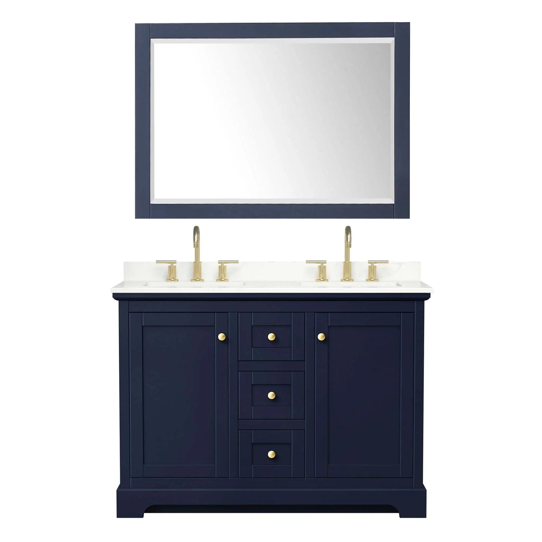 48" Avery Double Bathroom Vanity in Dark Blue with Brushed Gold Trim & 46" Mirror by Wyndham