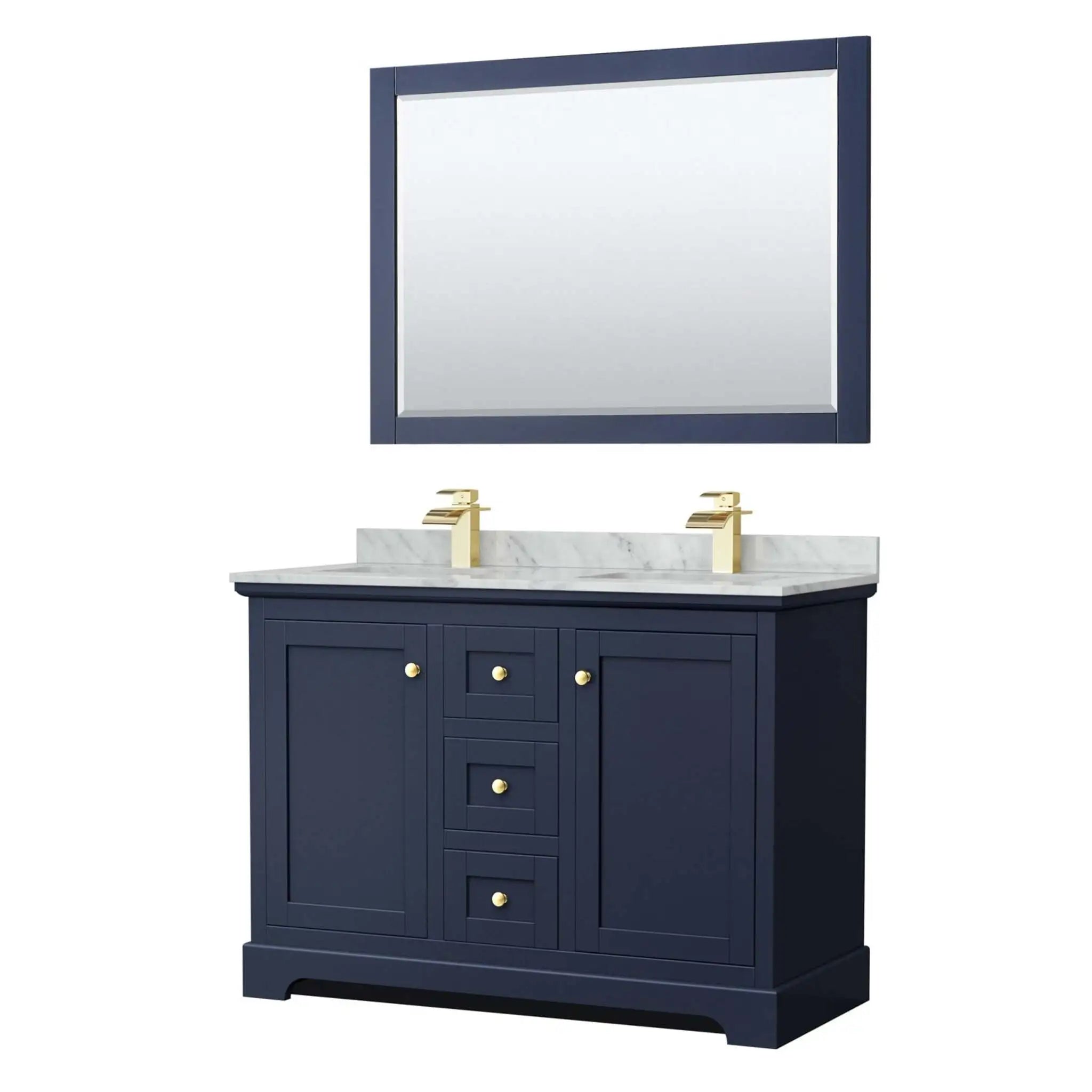 48" Avery Double Bathroom Vanity in Dark Blue with Brushed Gold Trim & 46" Mirror by Wyndham