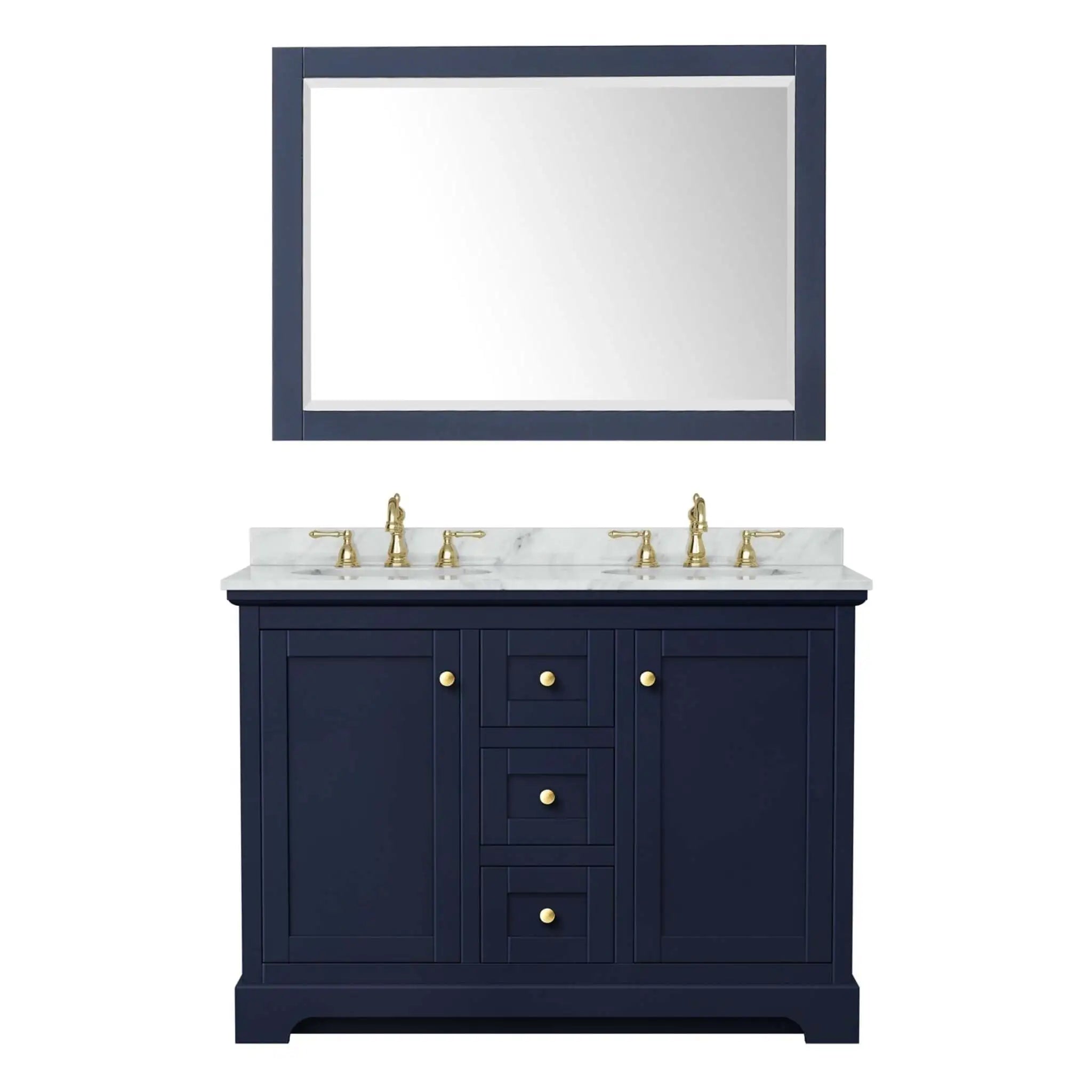 48" Avery Double Bathroom Vanity in Dark Blue with Brushed Gold Trim & 46" Mirror by Wyndham