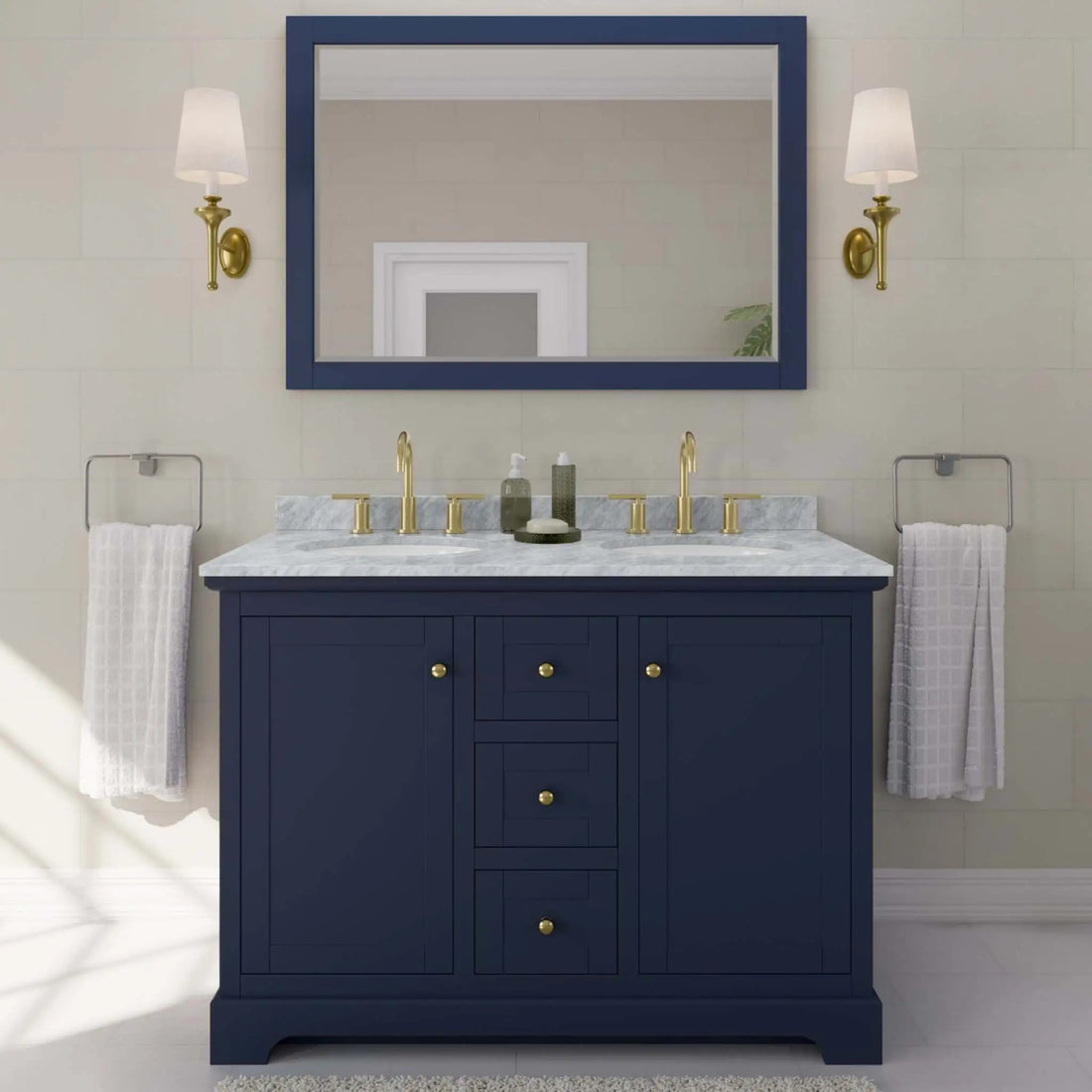 48" Avery Double Bathroom Vanity in Dark Blue with Brushed Gold Trim & 46" Mirror by Wyndham