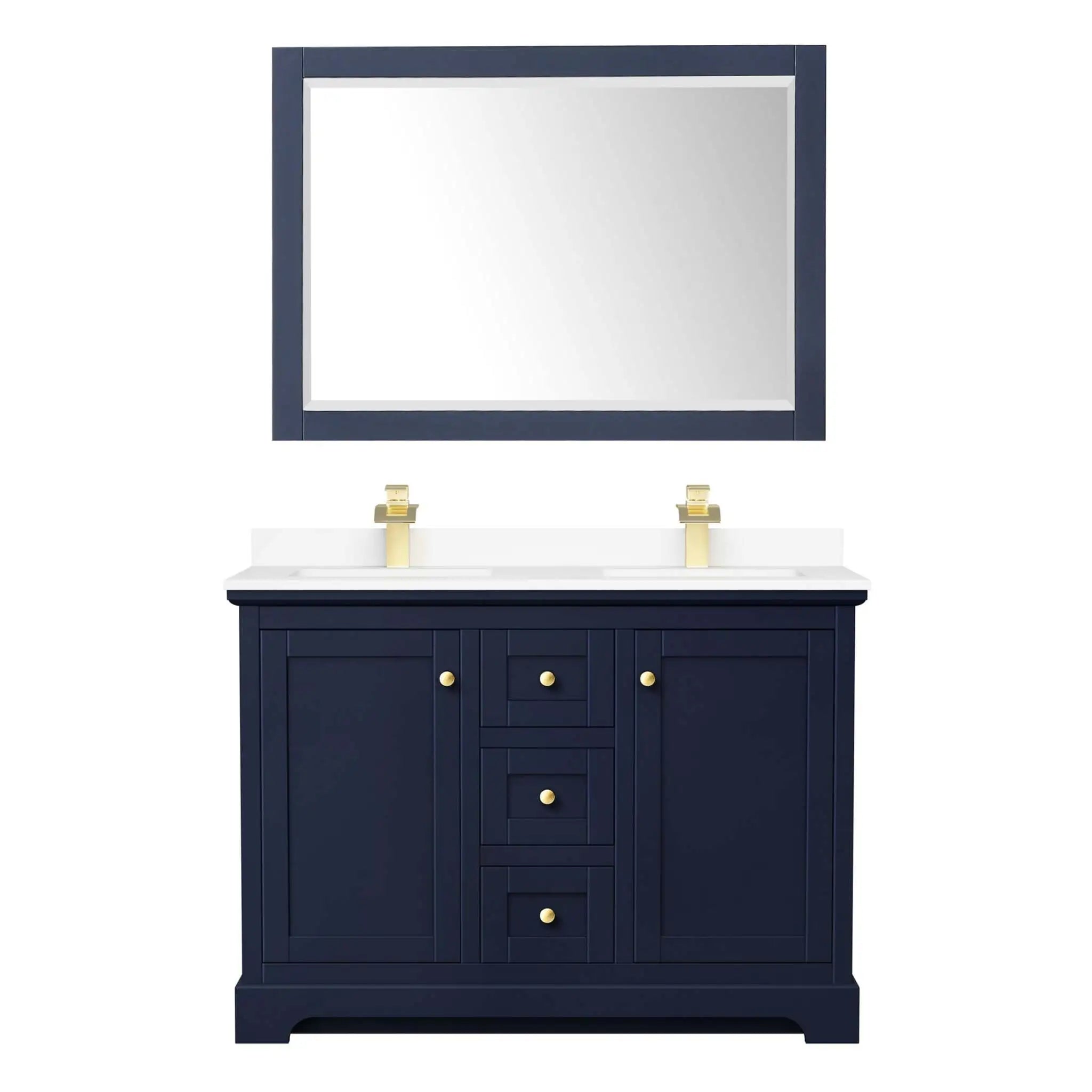 48" Avery Double Bathroom Vanity in Dark Blue with Brushed Gold Trim & 46" Mirror by Wyndham