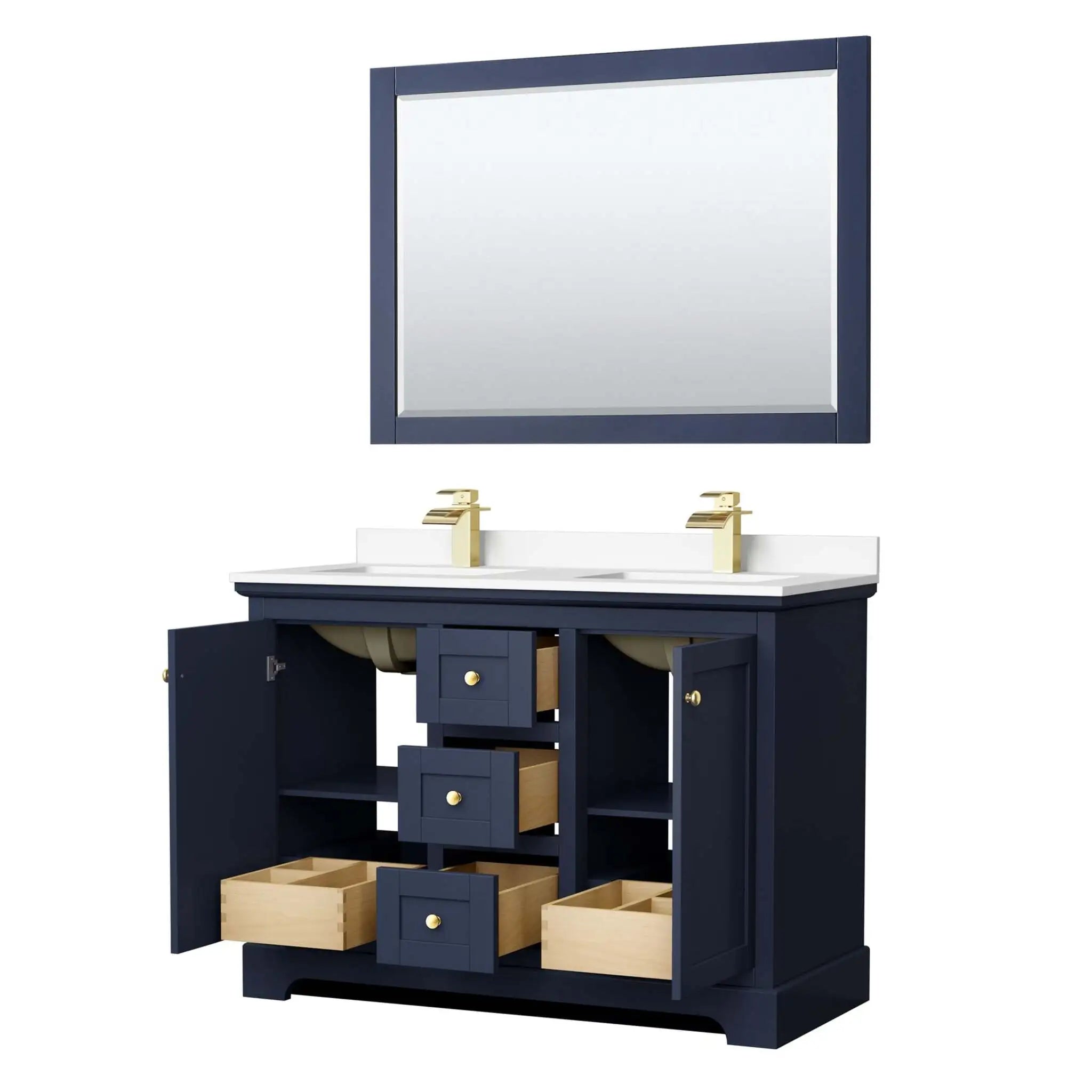 48" Avery Double Bathroom Vanity in Dark Blue with Brushed Gold Trim & 46" Mirror by Wyndham