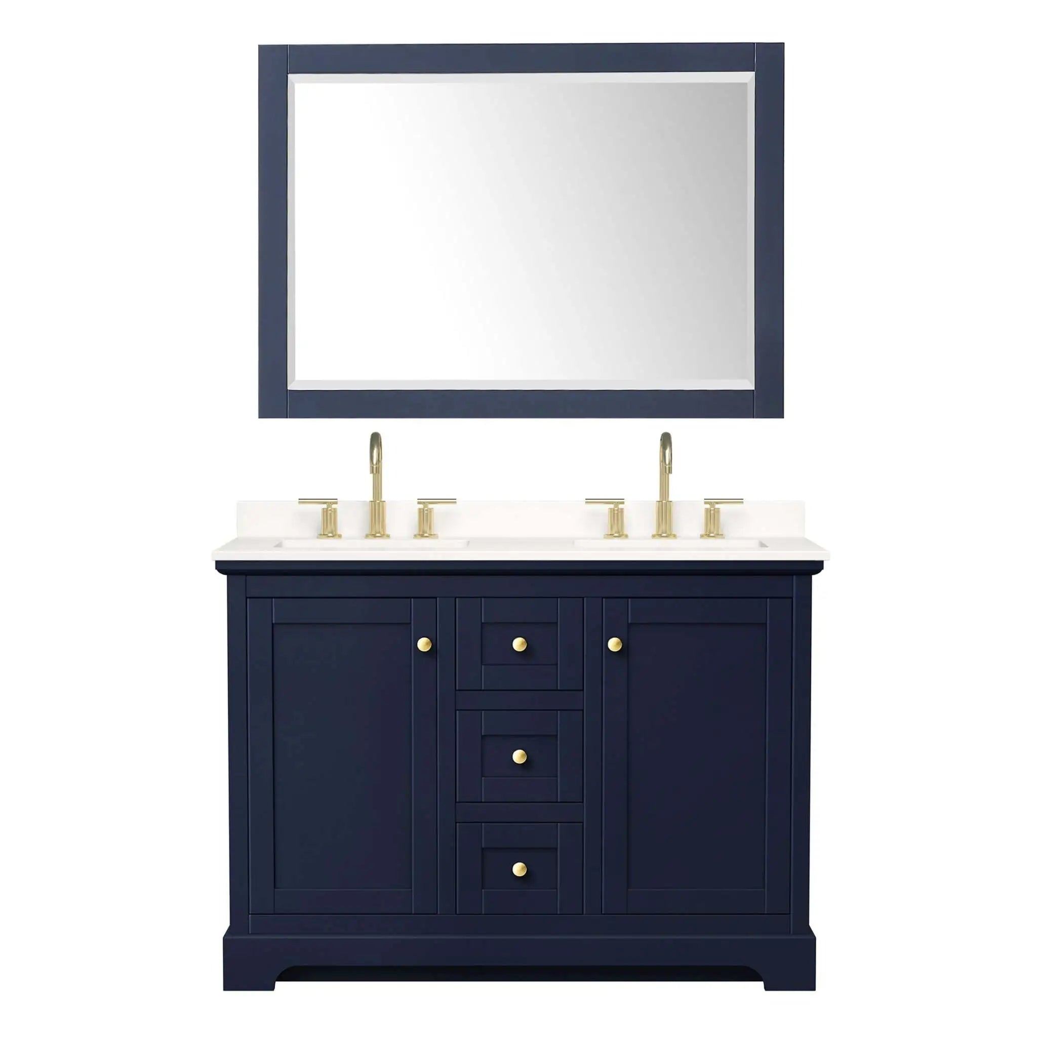 48" Avery Double Bathroom Vanity in Dark Blue with Brushed Gold Trim & 46" Mirror by Wyndham