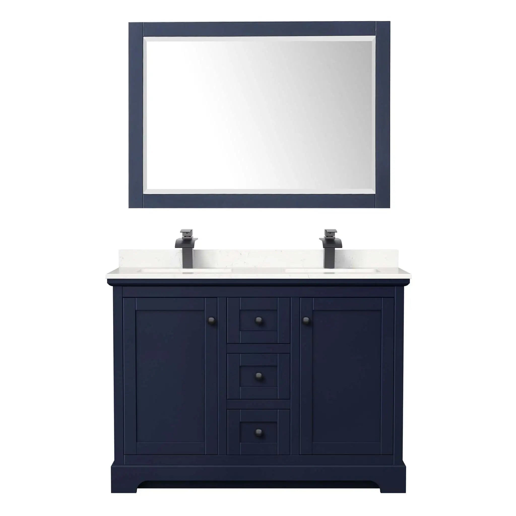 48" Avery Double Bathroom Vanity in Dark Blue with Matte Black Trim & 46" Mirror by Wyndham