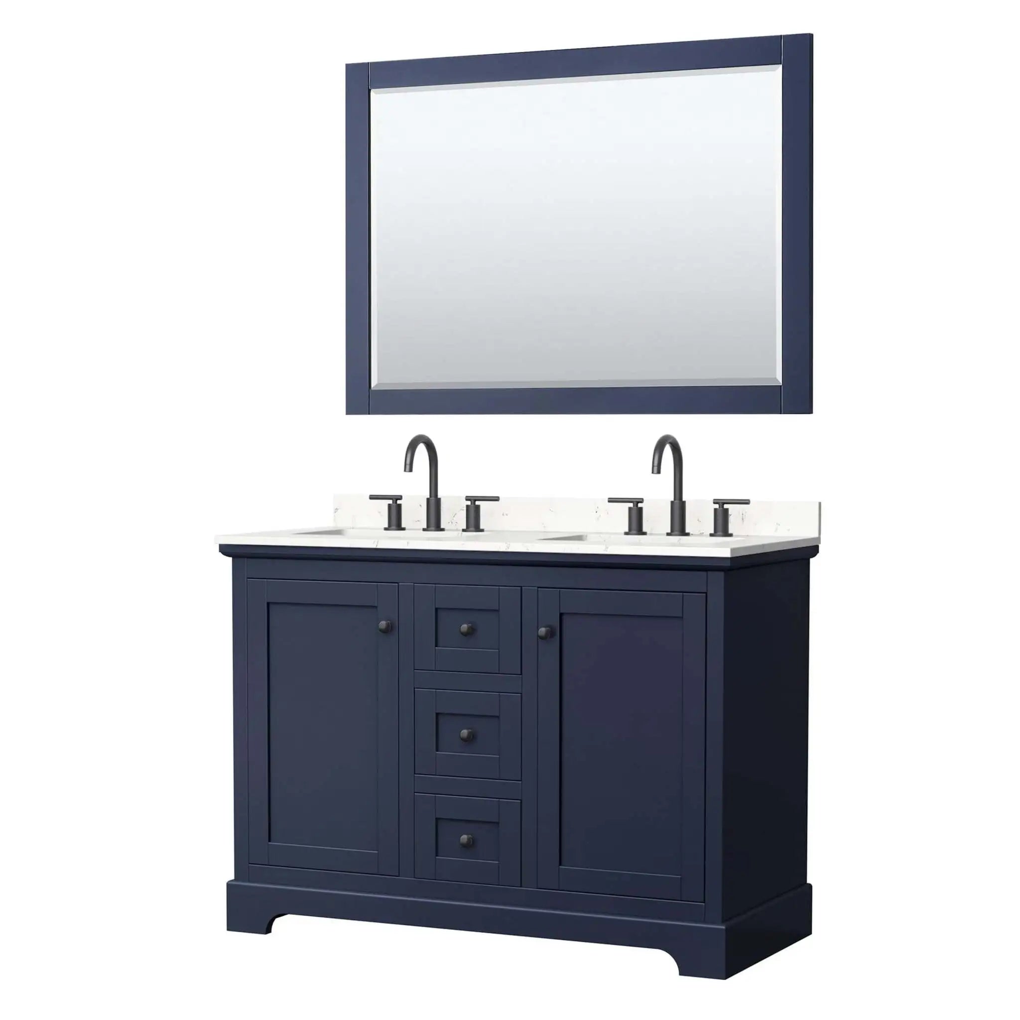 48" Avery Double Bathroom Vanity in Dark Blue with Matte Black Trim & 46" Mirror by Wyndham